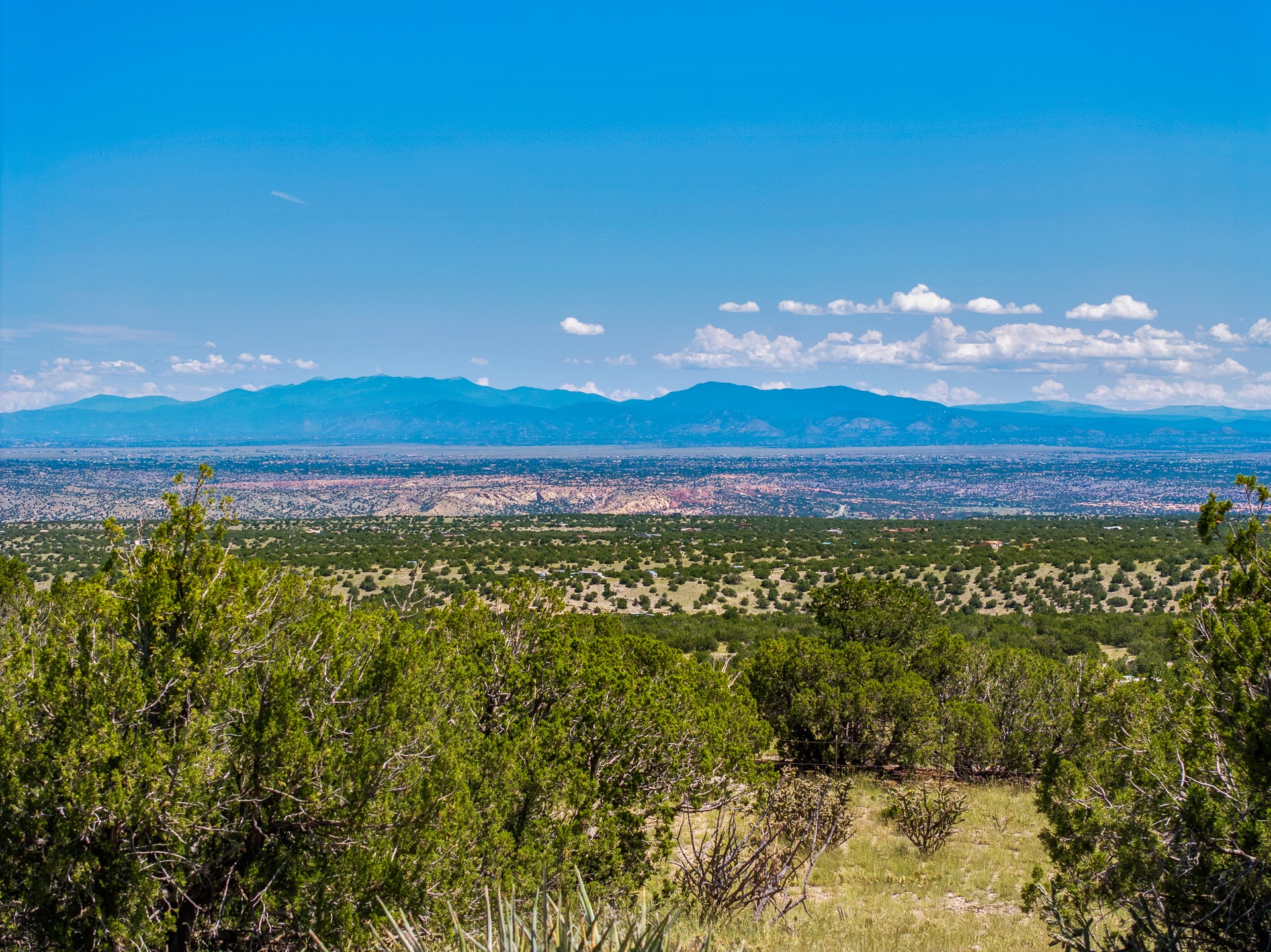 High-desert scrubland overlooks a broad valley and distant mountain range beneath a blue, cloud-dotted sky.