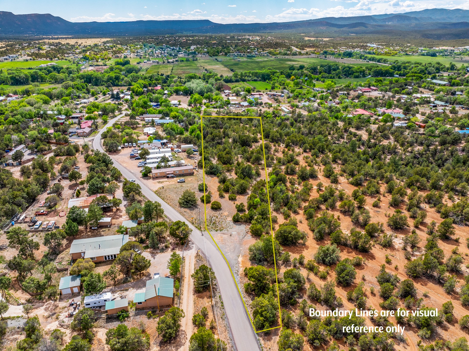 Aerial view of a wooded parcel outlined beside a road, with homes and mountains in the distance.