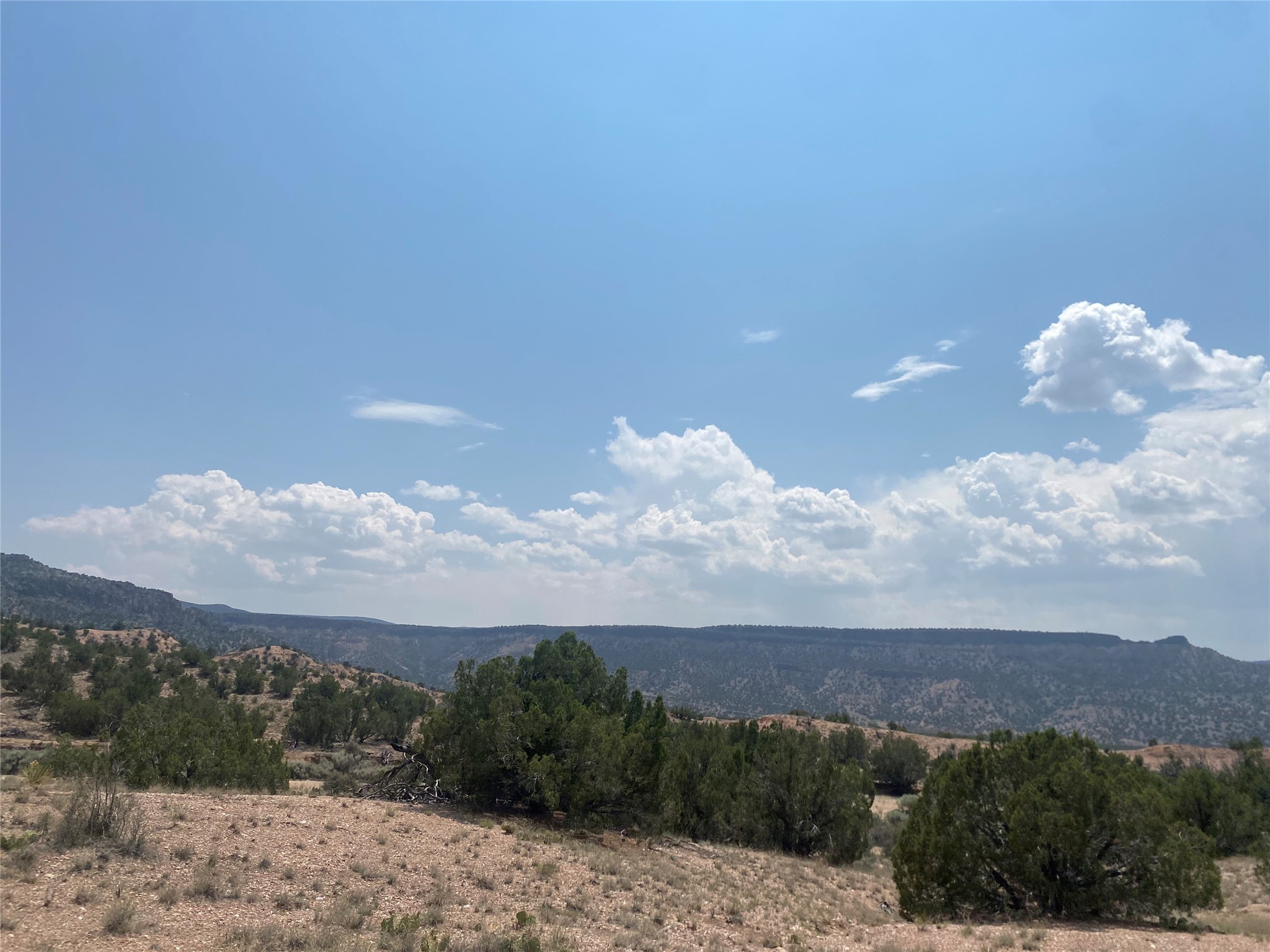Dry, tree-dotted vacant land with distant mountain ridges beneath a broad cloud-filled sky.