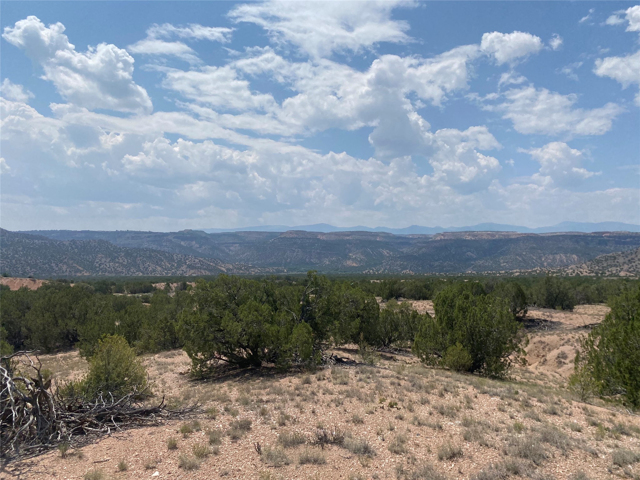 Undeveloped rocky lot with juniper trees and distant mountain views.