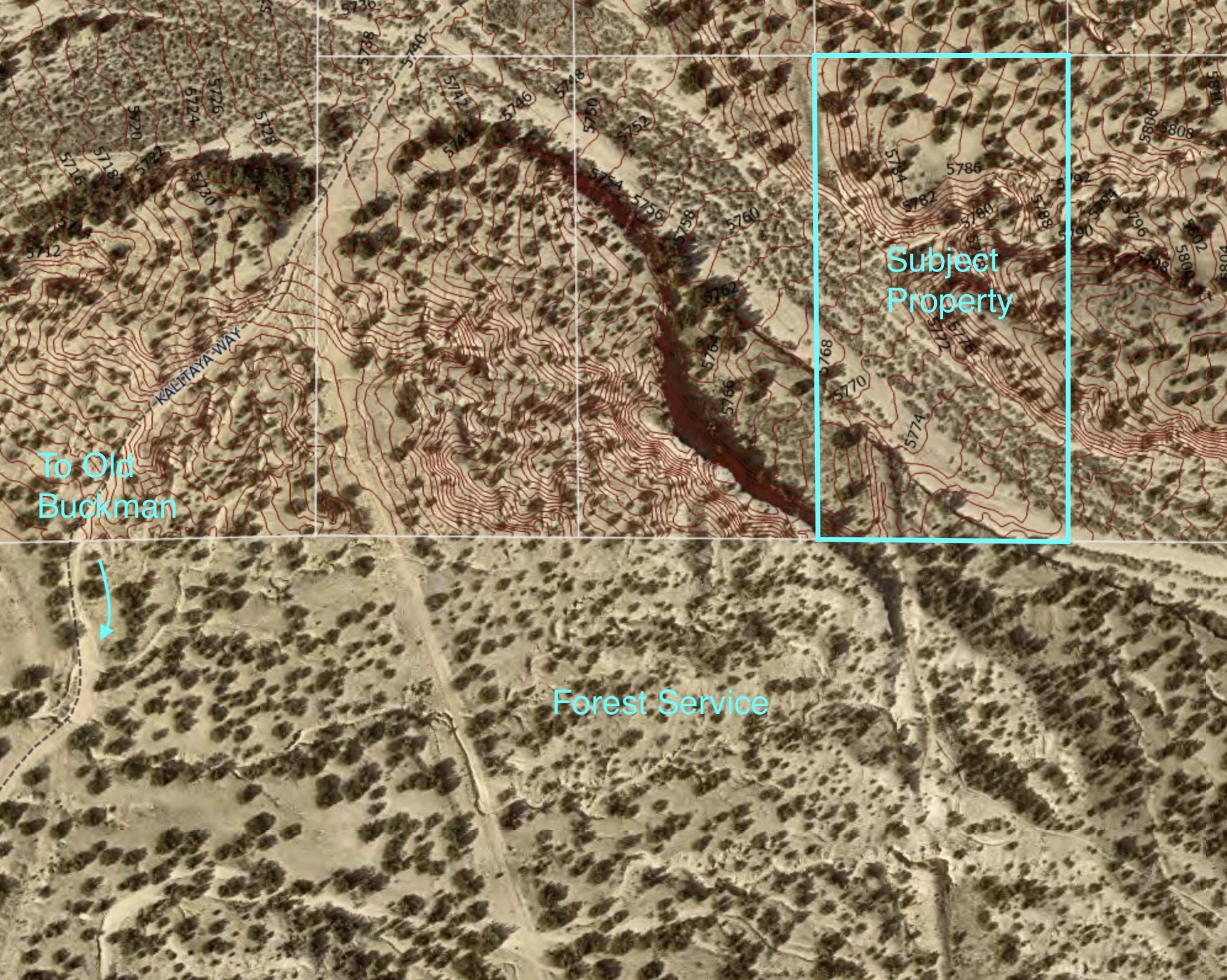 Map marking the subject property near Kalitaya Way, with topographic contours and nearby Forest Service land.