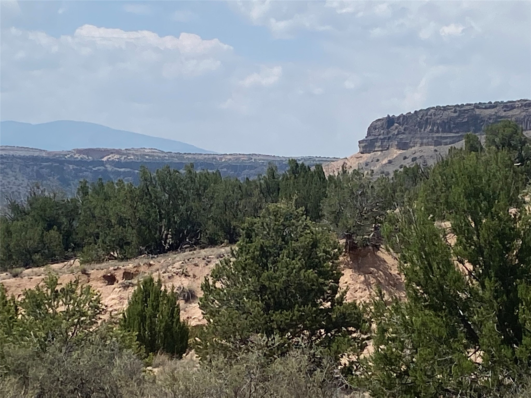 Rocky, juniper-covered land with layered mesas and distant mountains.