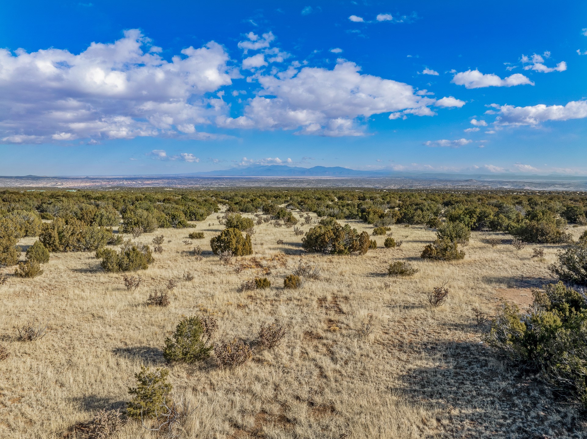 Open rural land with scattered shrubs and distant mountains beneath a partly cloudy sky.