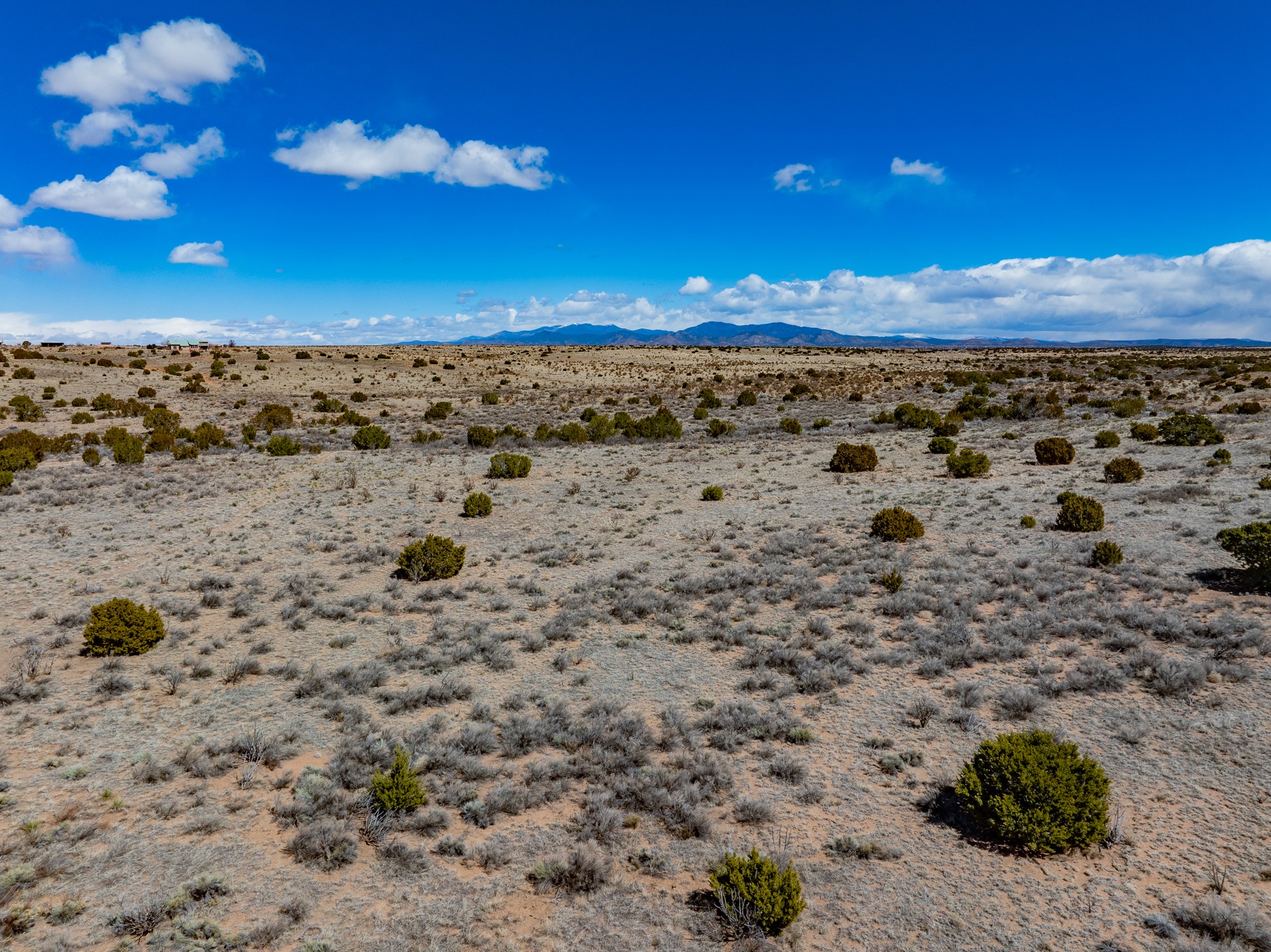 Open high-desert land with scattered shrubs and distant mountains beneath a blue, cloud-dotted sky.