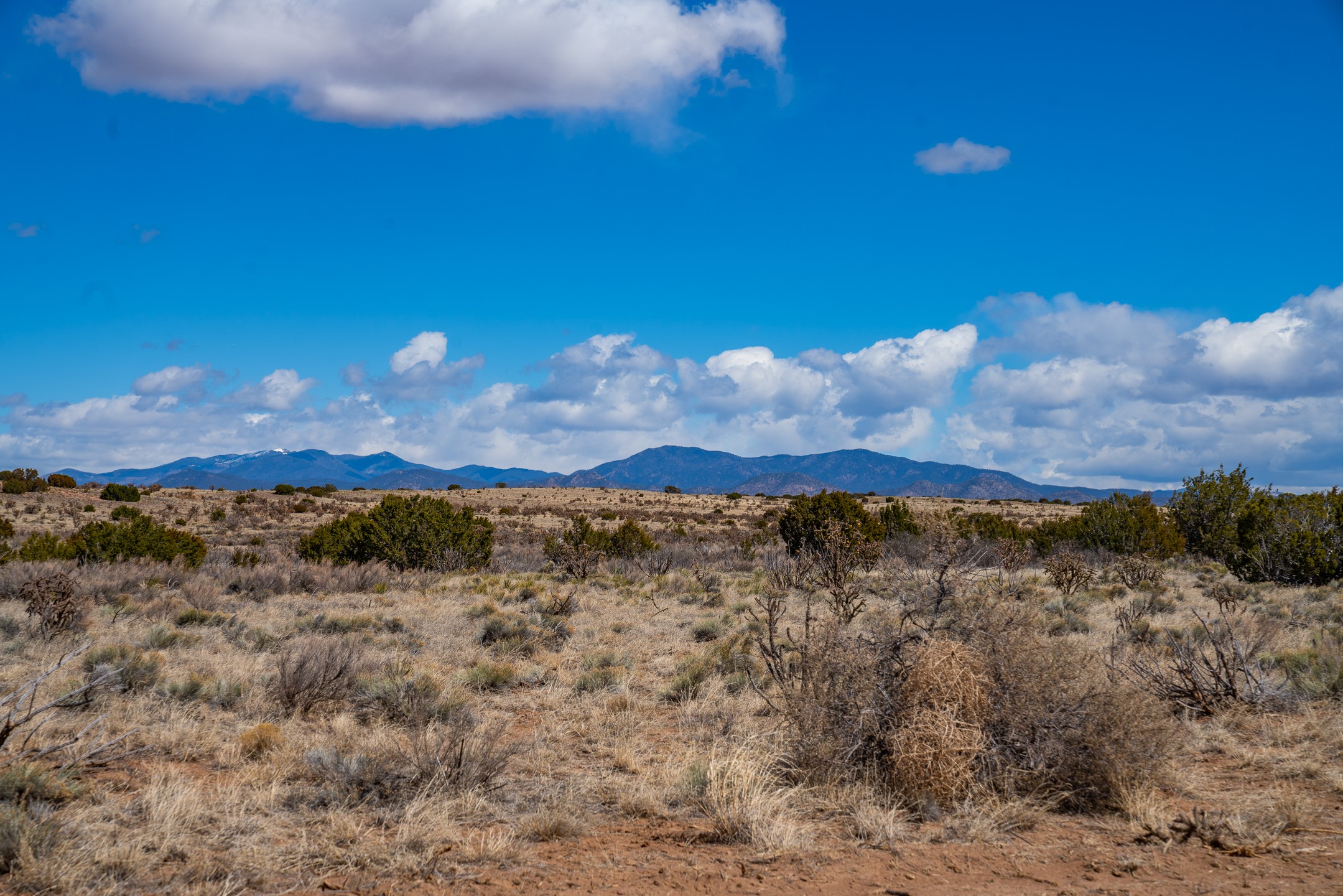 Scrub-covered acreage with distant mountain ranges beneath a cloud-filled blue sky.