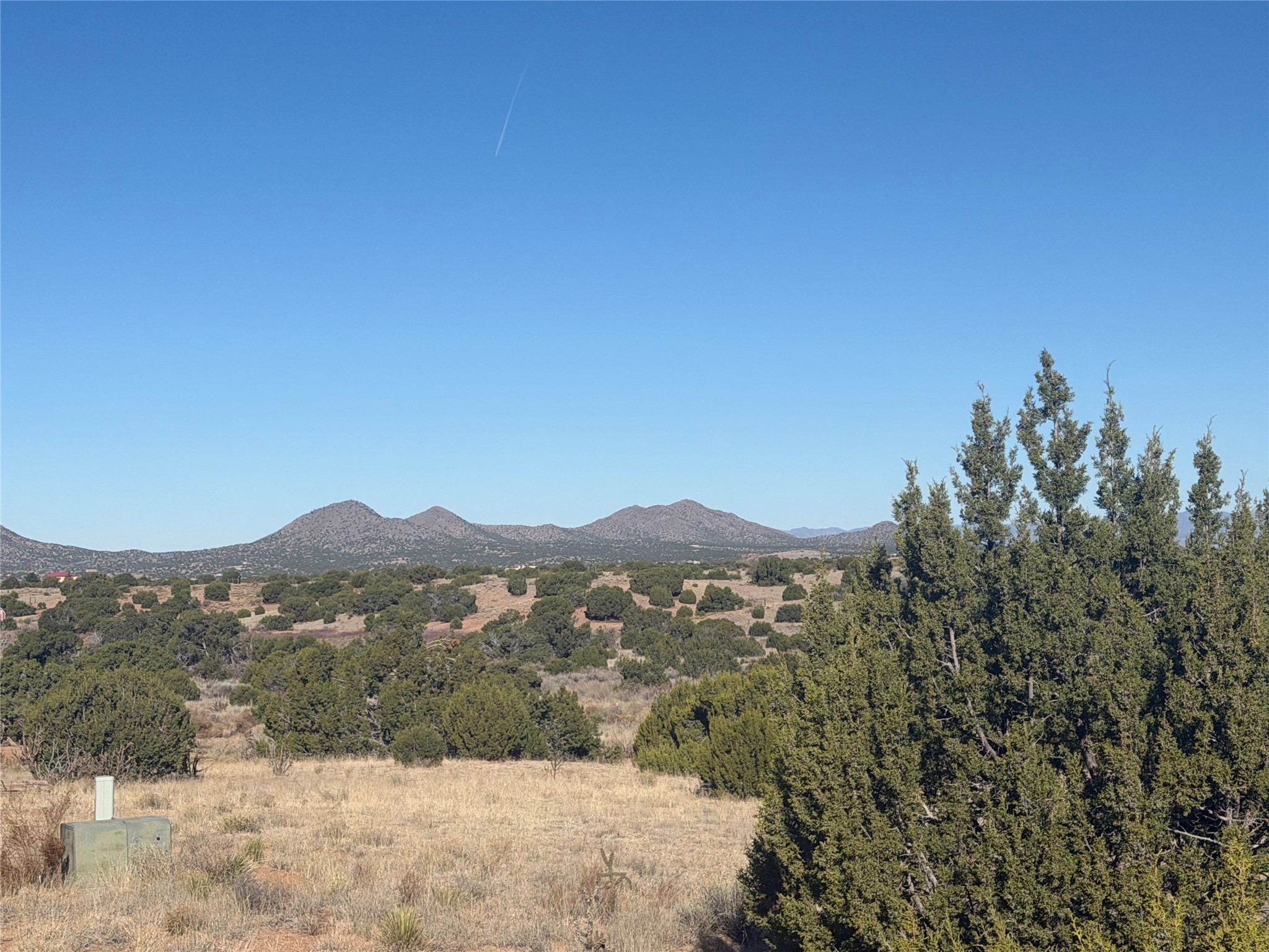 Rural vacant land with juniper trees and distant mountain views.