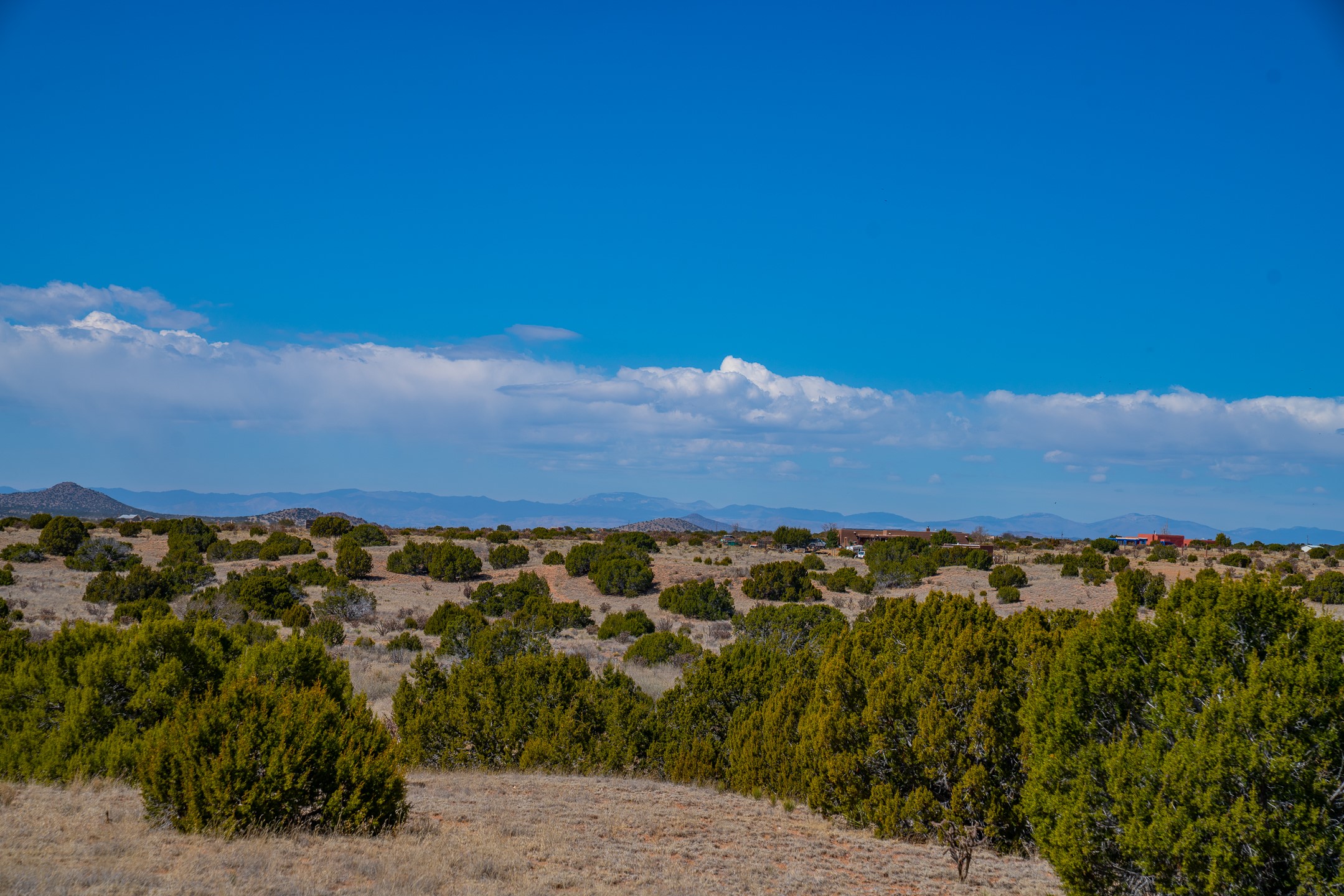 Open high-desert land with scattered junipers and distant mountain ranges beneath a wide, cloud-streaked sky.