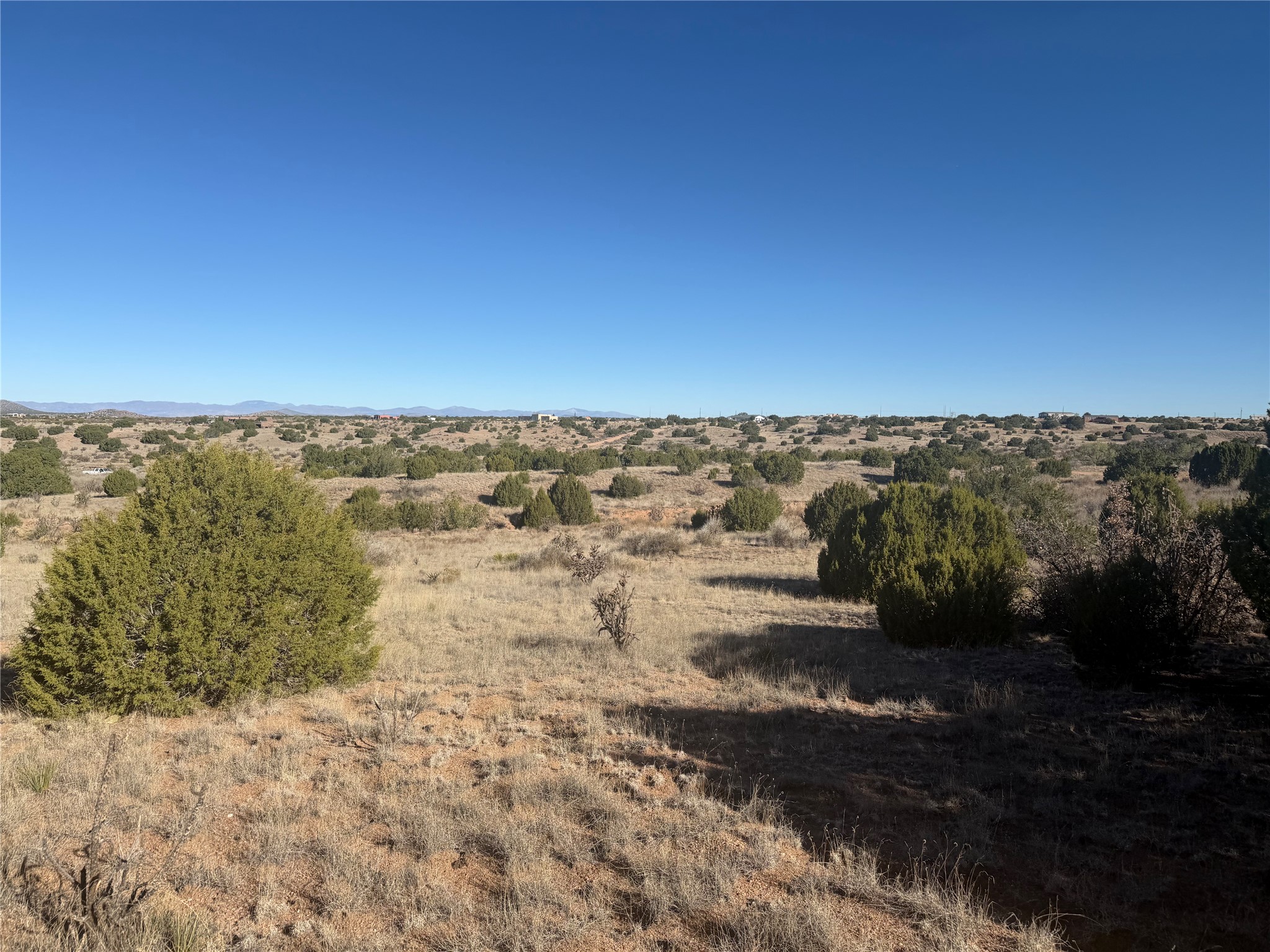 Open lot with scattered shrubs and dry grasses, distant homes, and low mountains.