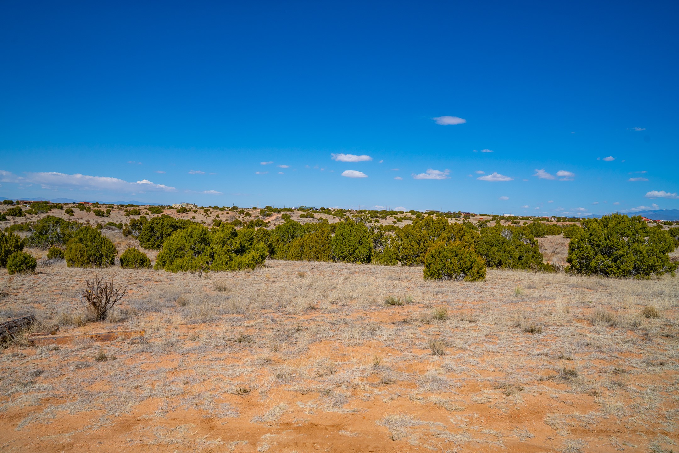 Vacant desert lot with juniper shrubs, distant mountains, and a wide blue sky.