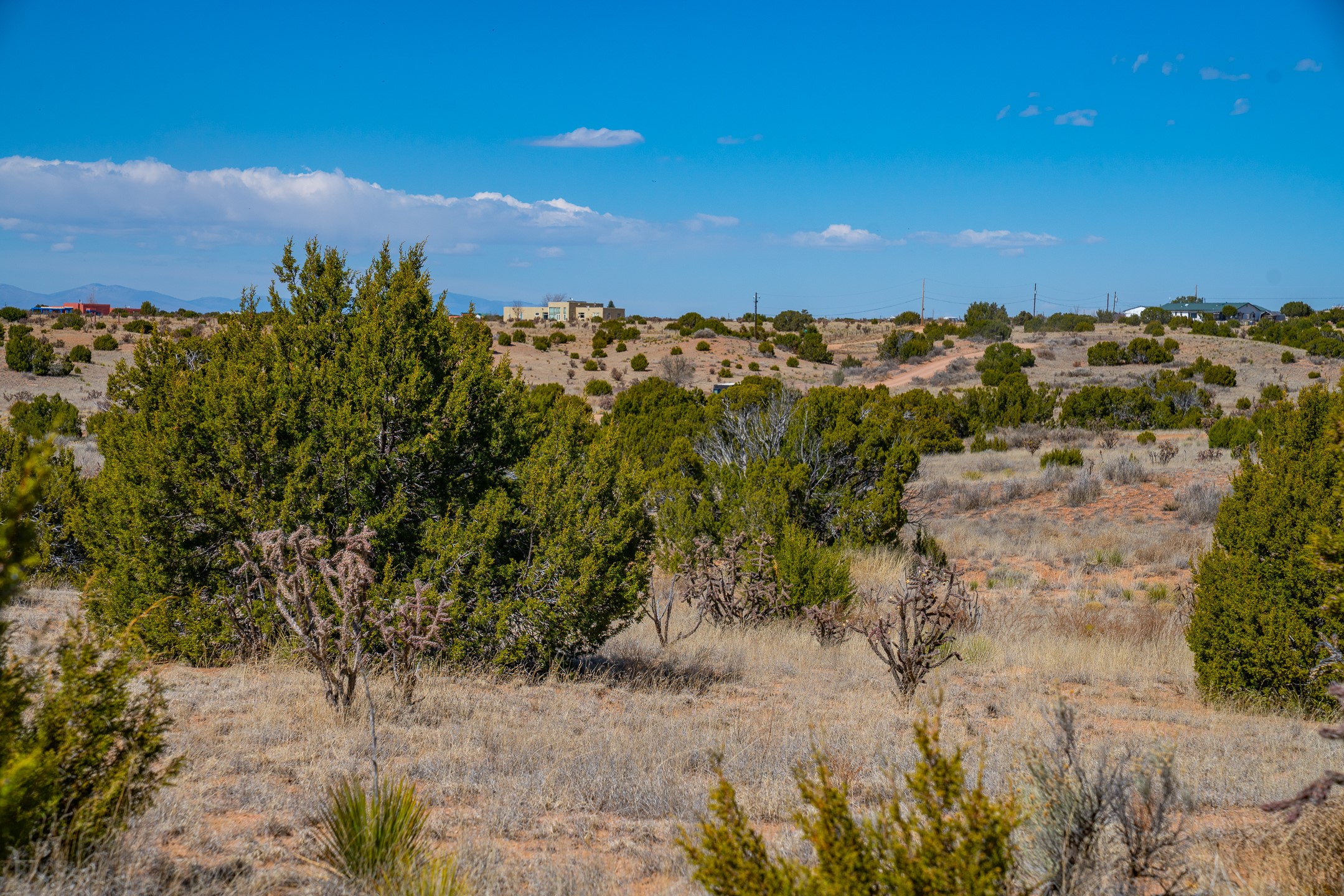 Dry high-desert lots with juniper shrubs, scattered homes, and distant mountains.