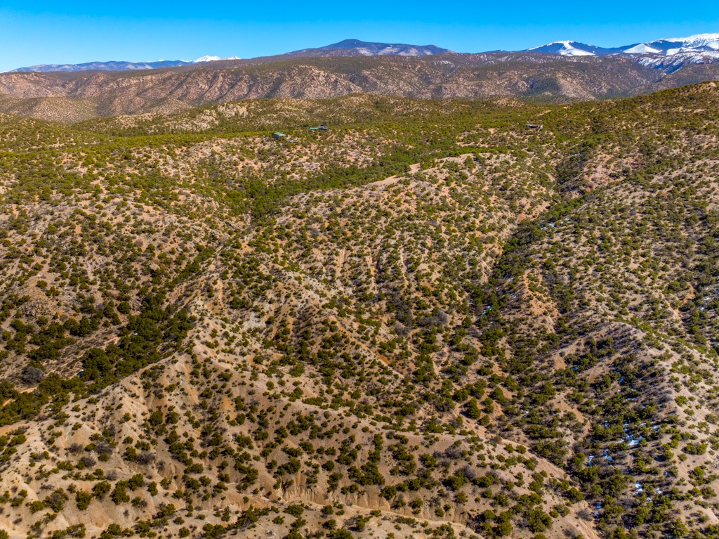 Aerial view of rugged, scrub-covered lots with scattered homes and distant snow-dusted mountains.