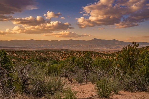 Scrub-covered hills and sandy ground overlooking a distant mountain range beneath golden-hour clouds.