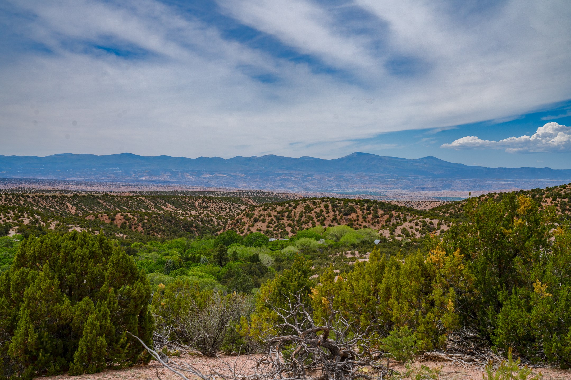 Wooded hills overlook a wide valley and distant mountain range.