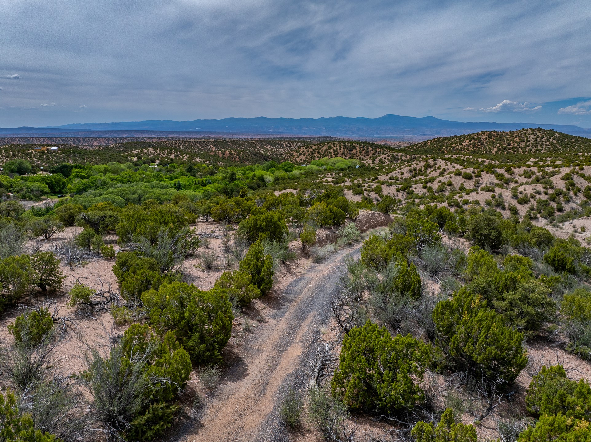 High-desert land with a winding dirt track, juniper scrub, rolling hills, and distant mountains.