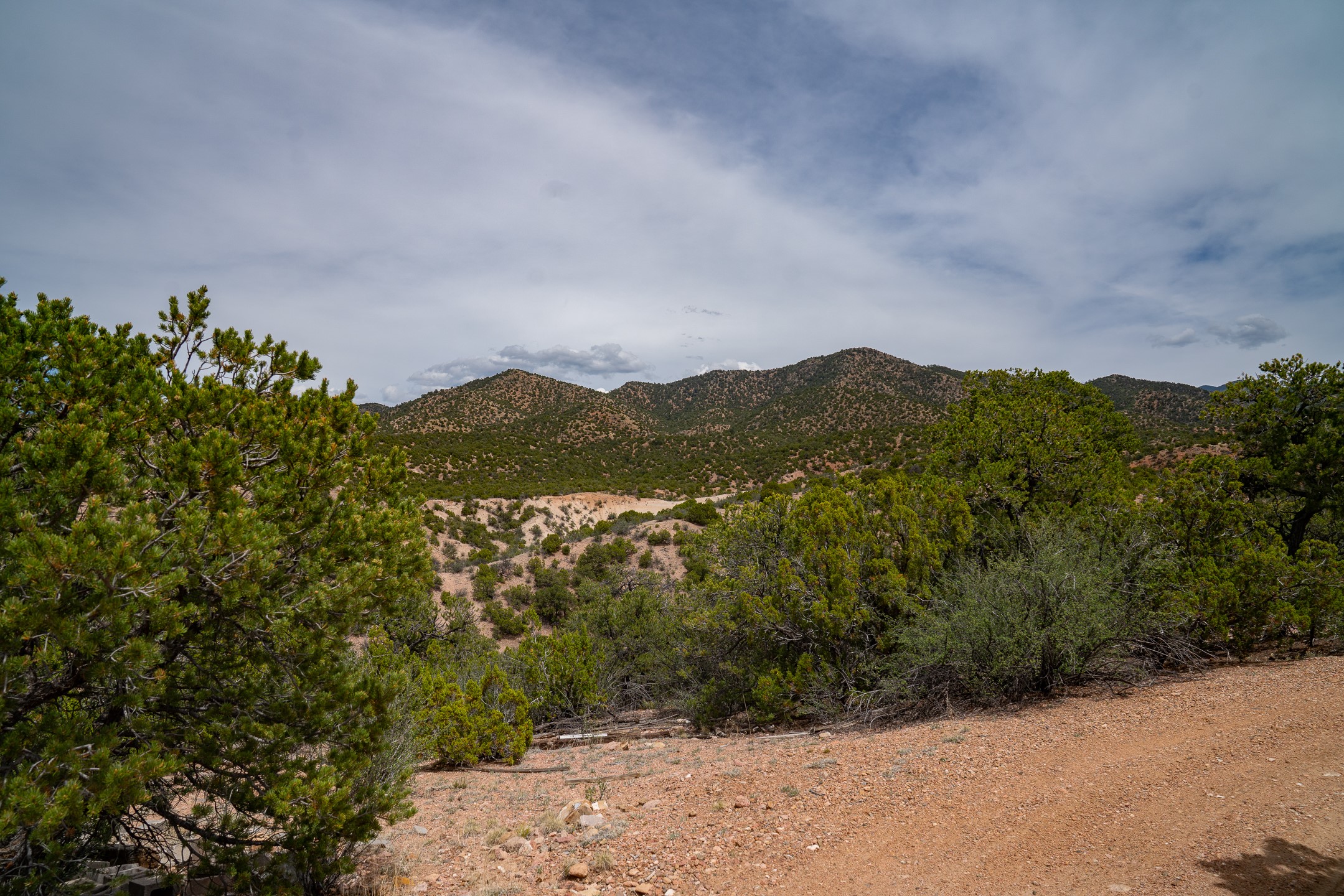 Mountain ridges beyond wooded scrub and a rocky dirt road.