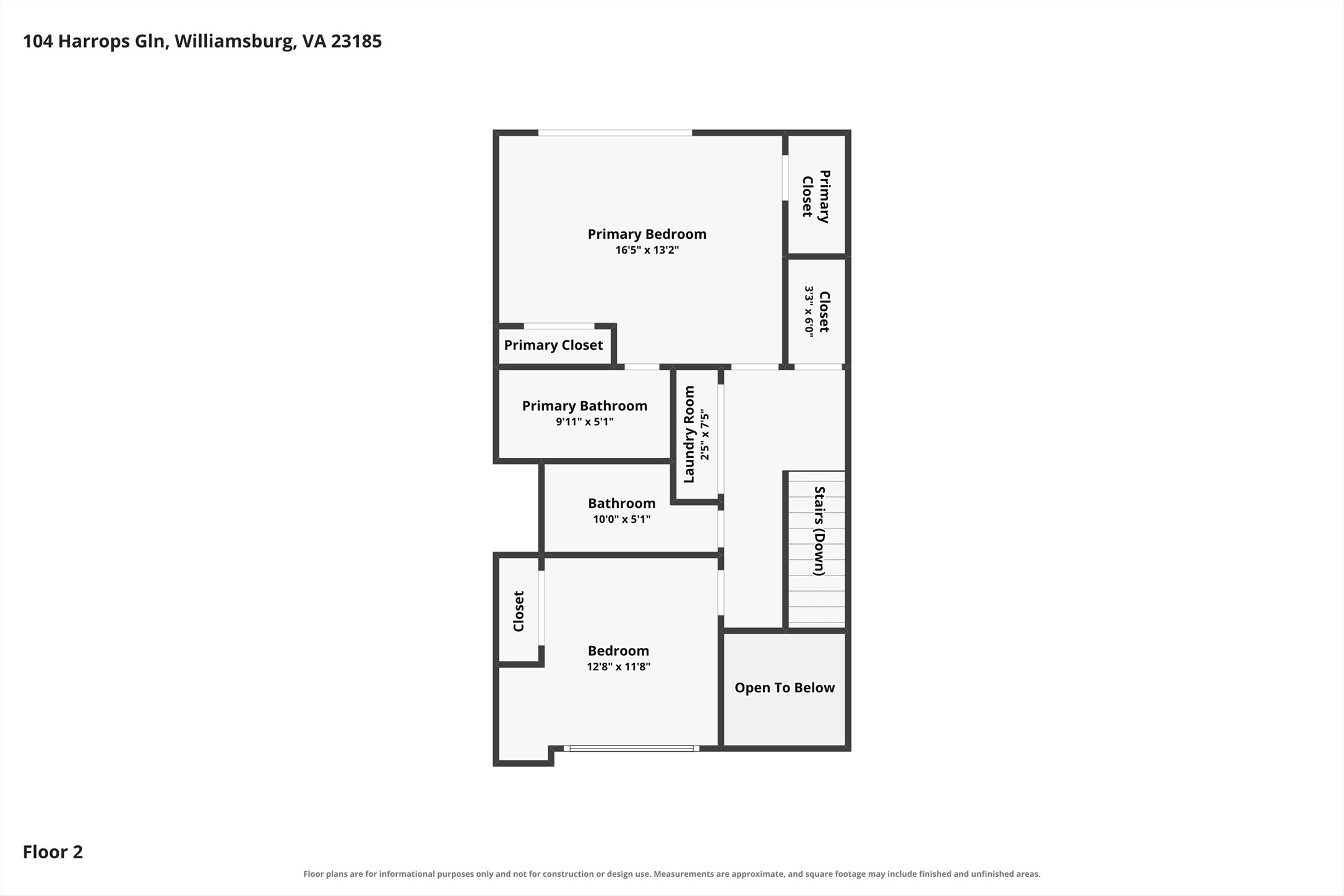 Second-floor plan showing the primary suite, another bedroom, bathrooms, laundry room, stairs, and open-to-below area.
