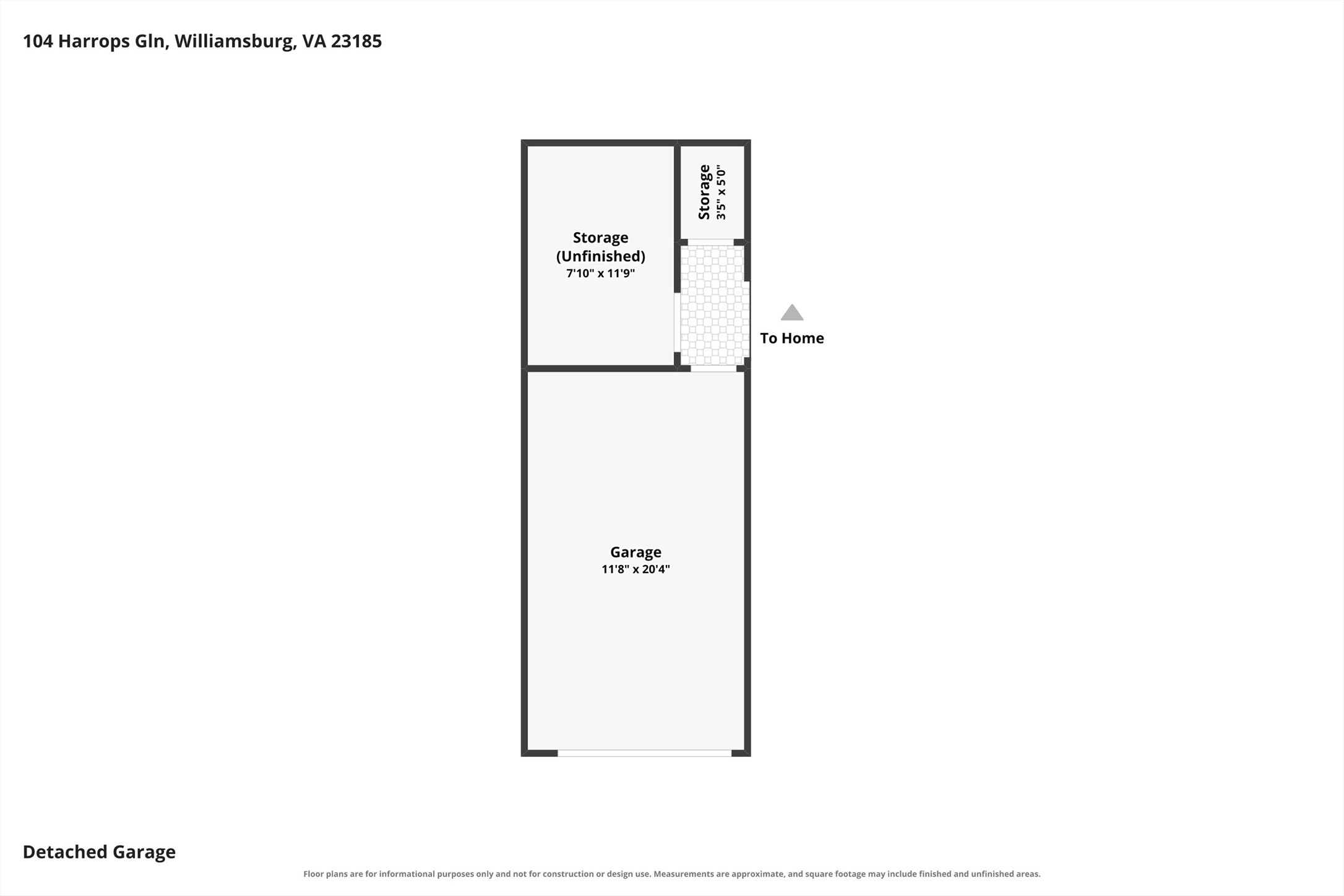 Detached garage floor plan with garage and two storage areas, connected to the home.