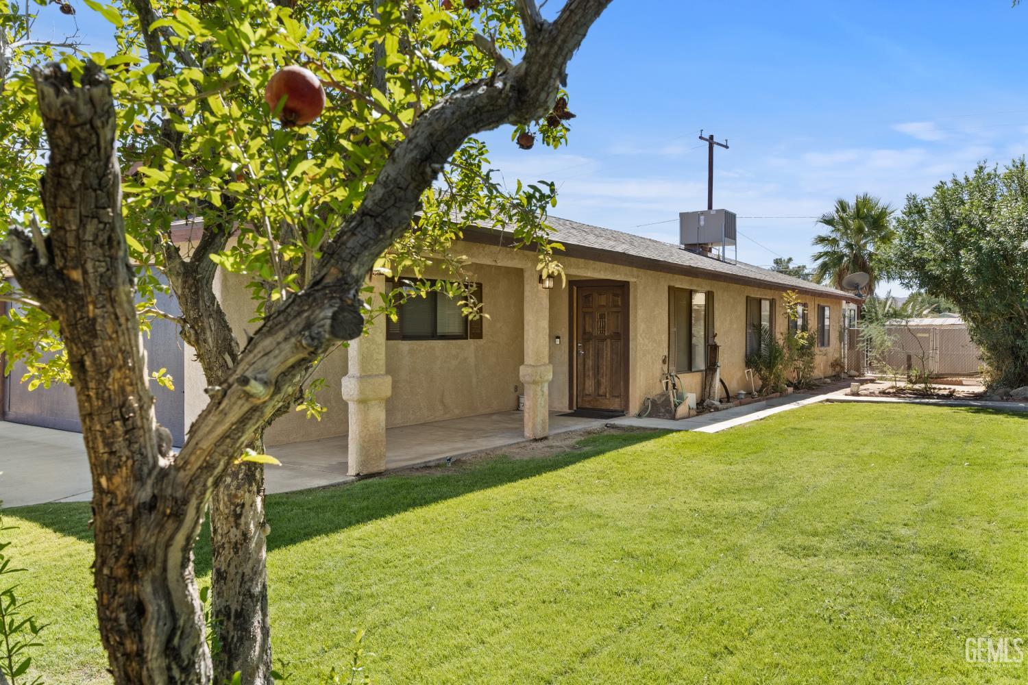 Single-story stucco home with a covered entry and lawn, partly screened by a fruit tree.