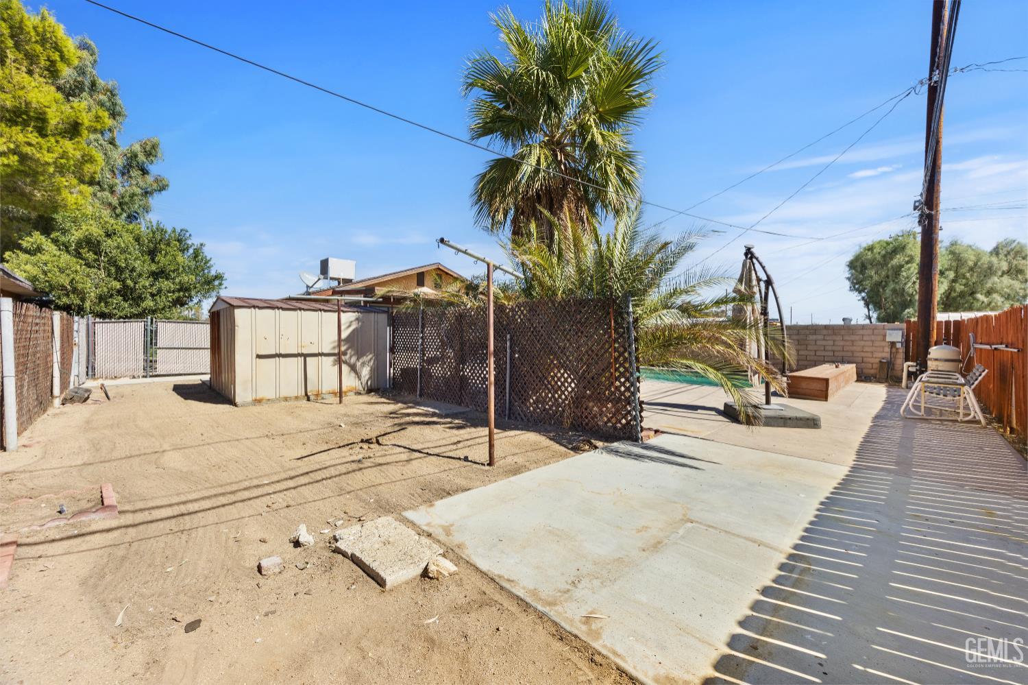 Backyard patio with a palm tree, storage shed, and swimming pool behind a lattice fence.