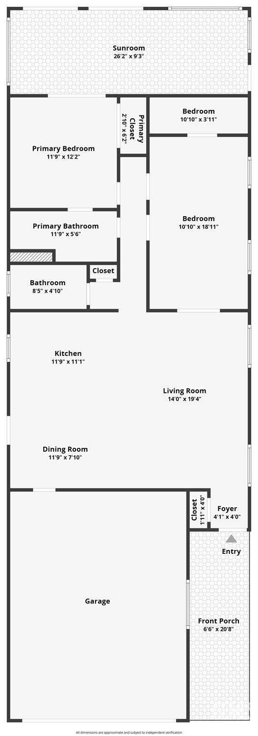 Floor plan showing three bedrooms, two bathrooms, a sunroom, garage, and front porch.