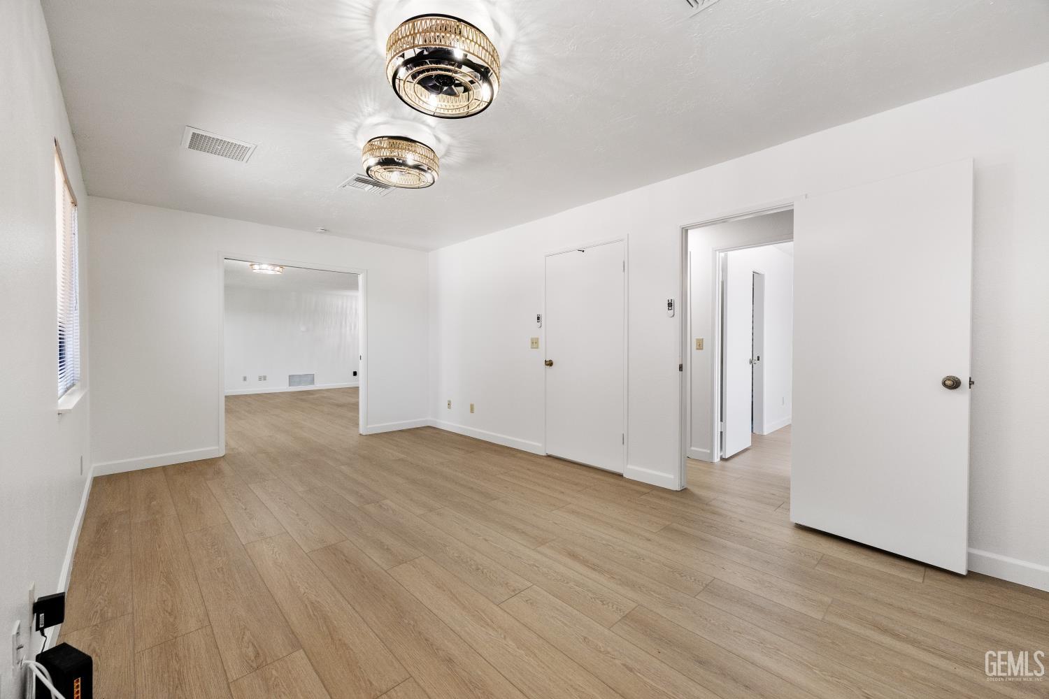 Vacant room with wood-look plank flooring, two ceiling lights, and multiple doorways.