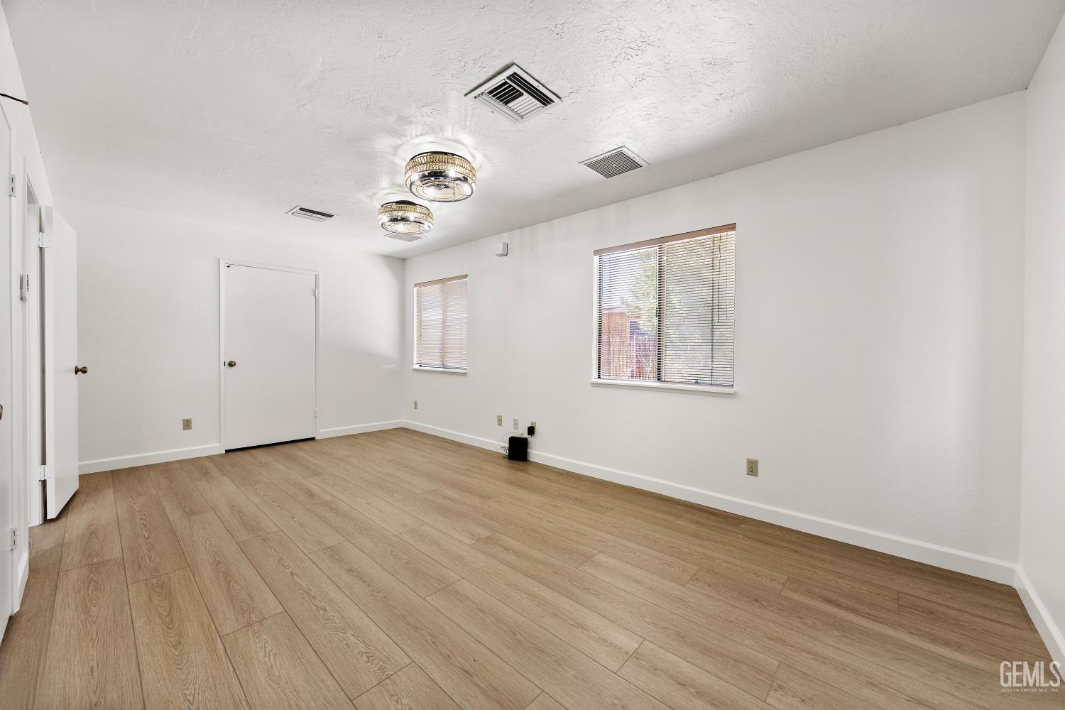 Empty room with light wood-look flooring, two windows with blinds, and two ceiling lights.