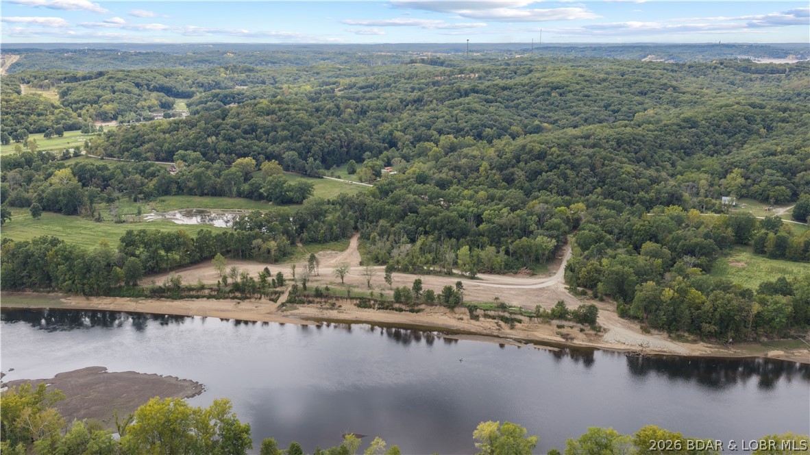 Aerial view of wooded waterfront land with a graded dirt road beside the shoreline.