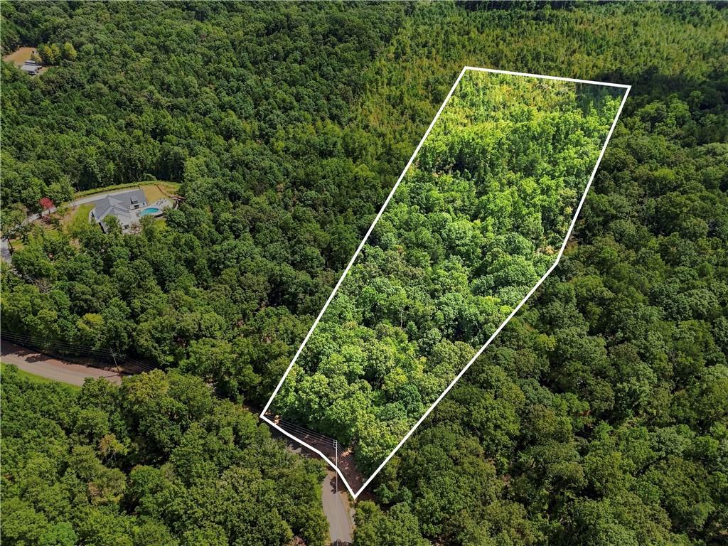 Wooded parcel outlined in white, with road frontage and a neighboring house nearby.