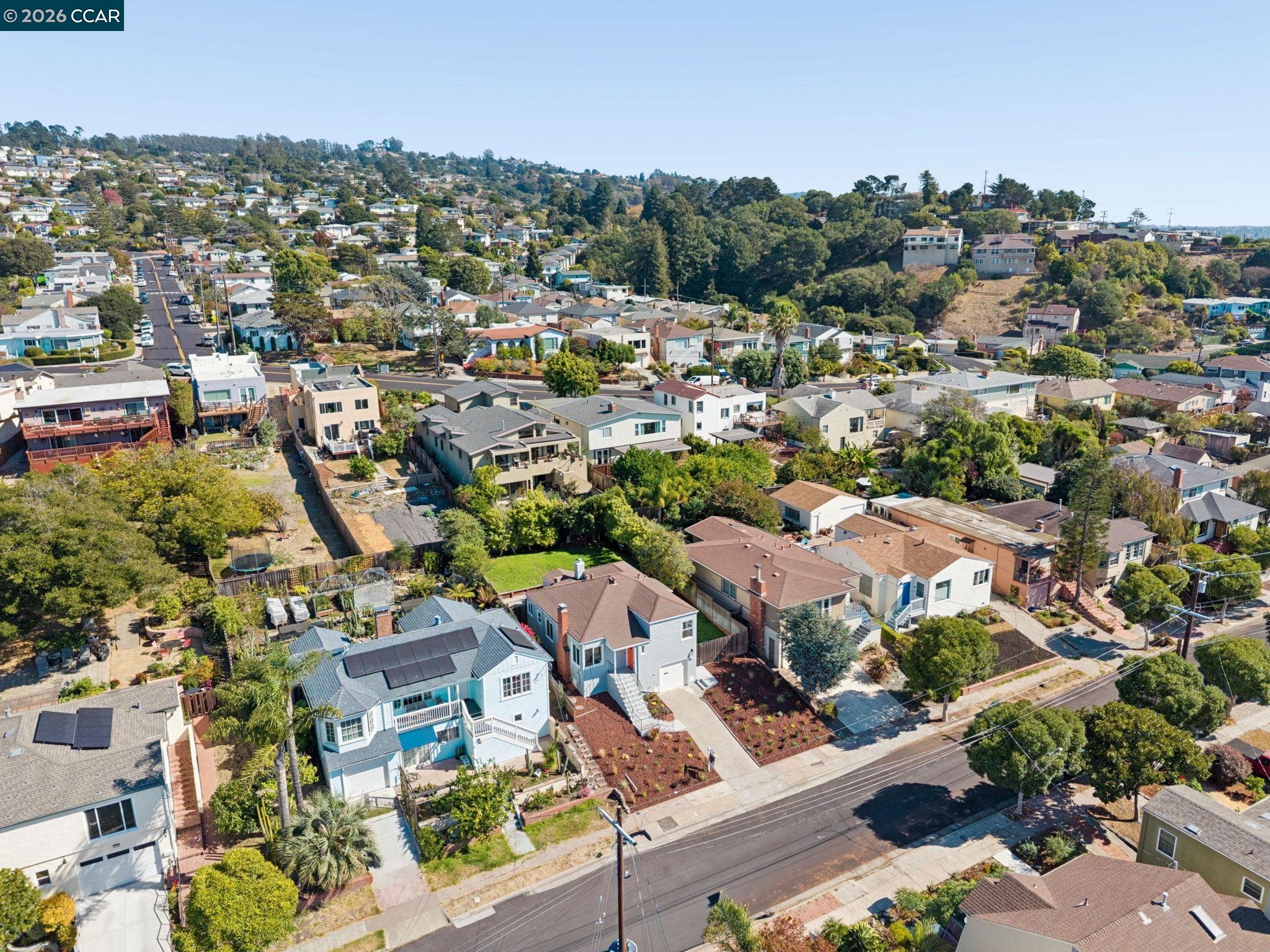Aerial view of a residential neighborhood, with homes along a street and a wooded hillside beyond.