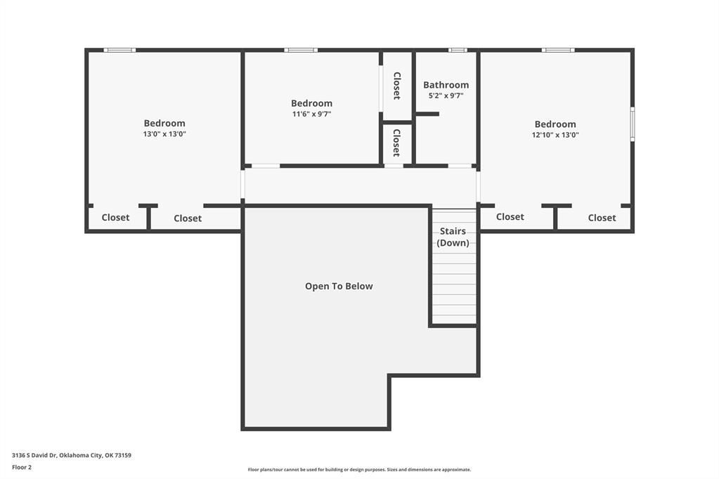 Second-floor plan with three bedrooms, a bathroom, closets, stairs, and an open-to-below area.