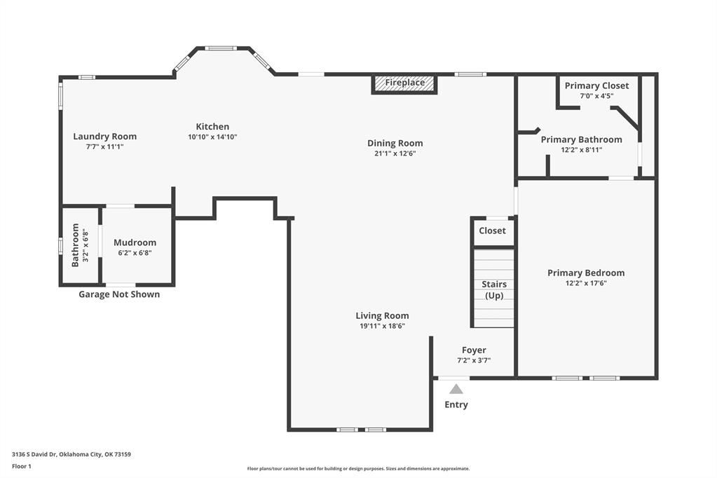 First-floor plan for 3136 S David Drive, with labeled rooms, approximate dimensions, and garage not shown.