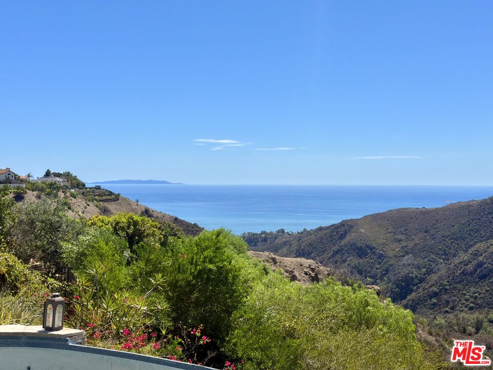 Hillside ocean view over a coastal canyon, with landscaped gardens and a swimming pool edge.