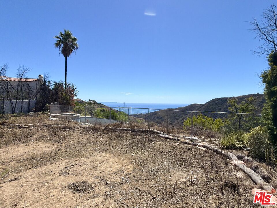 Vacant hillside lot with a fenced boundary, palm tree, and ocean view between hills.