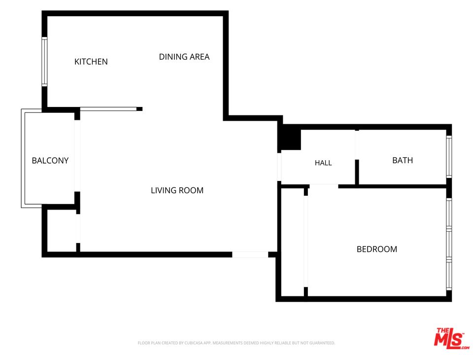 Floor plan showing a one-bedroom unit with a balcony, kitchen, dining area, living room, hall, and bath.