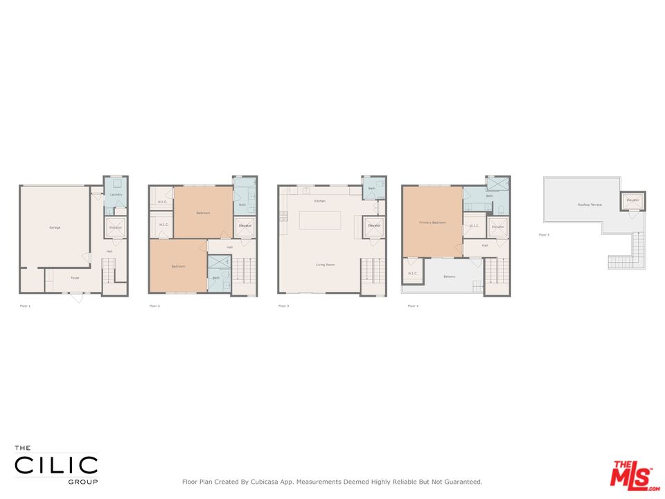 Five-level floor plan showing the home’s rooms, balconies, garage, and rooftop terrace.