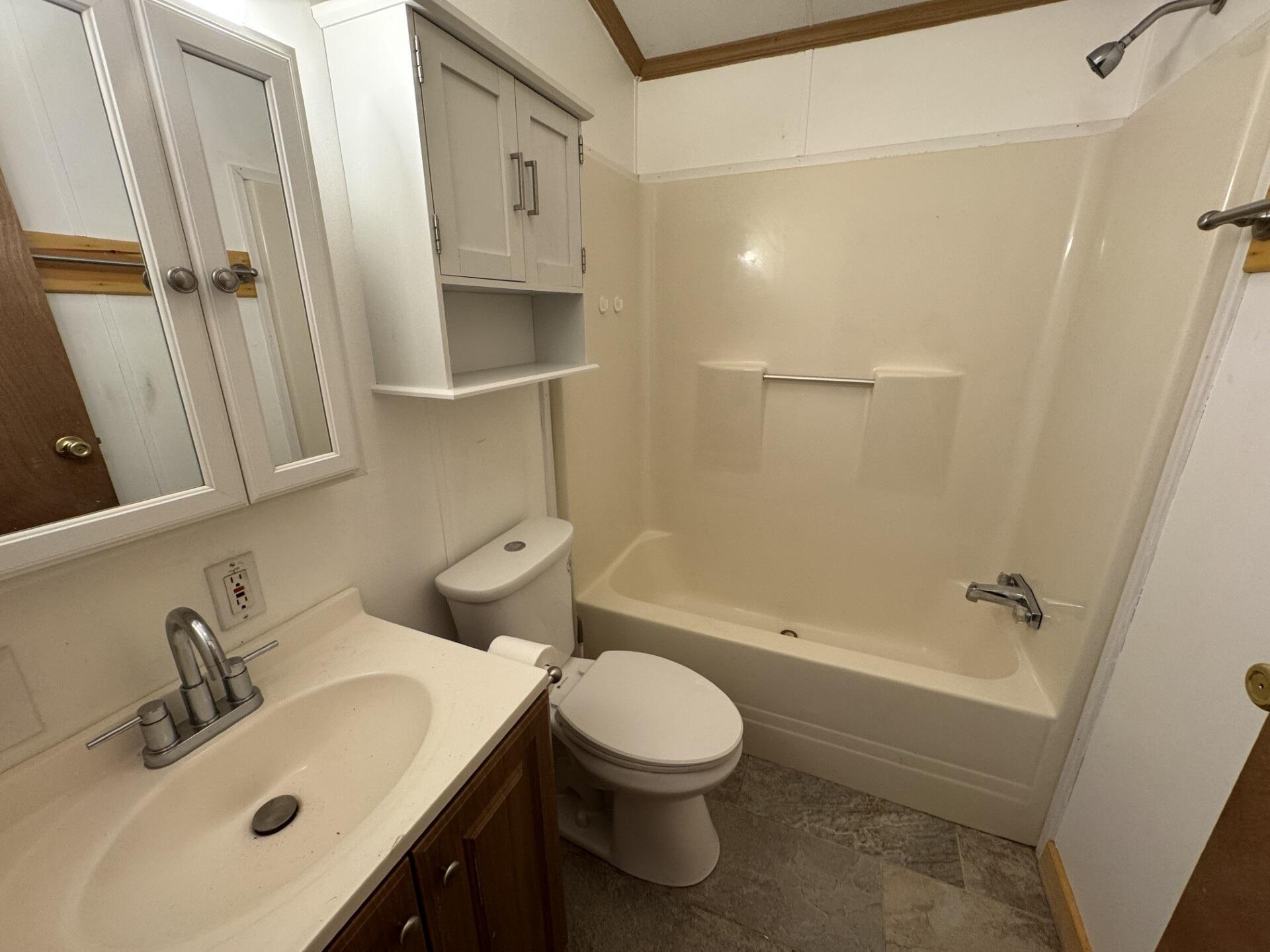 Bathroom with a dark wood vanity, mirrored cabinet, toilet, and tub-shower.