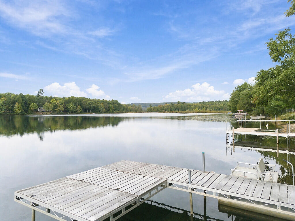 Wooden docks extend over a calm lake toward a tree-lined shore.