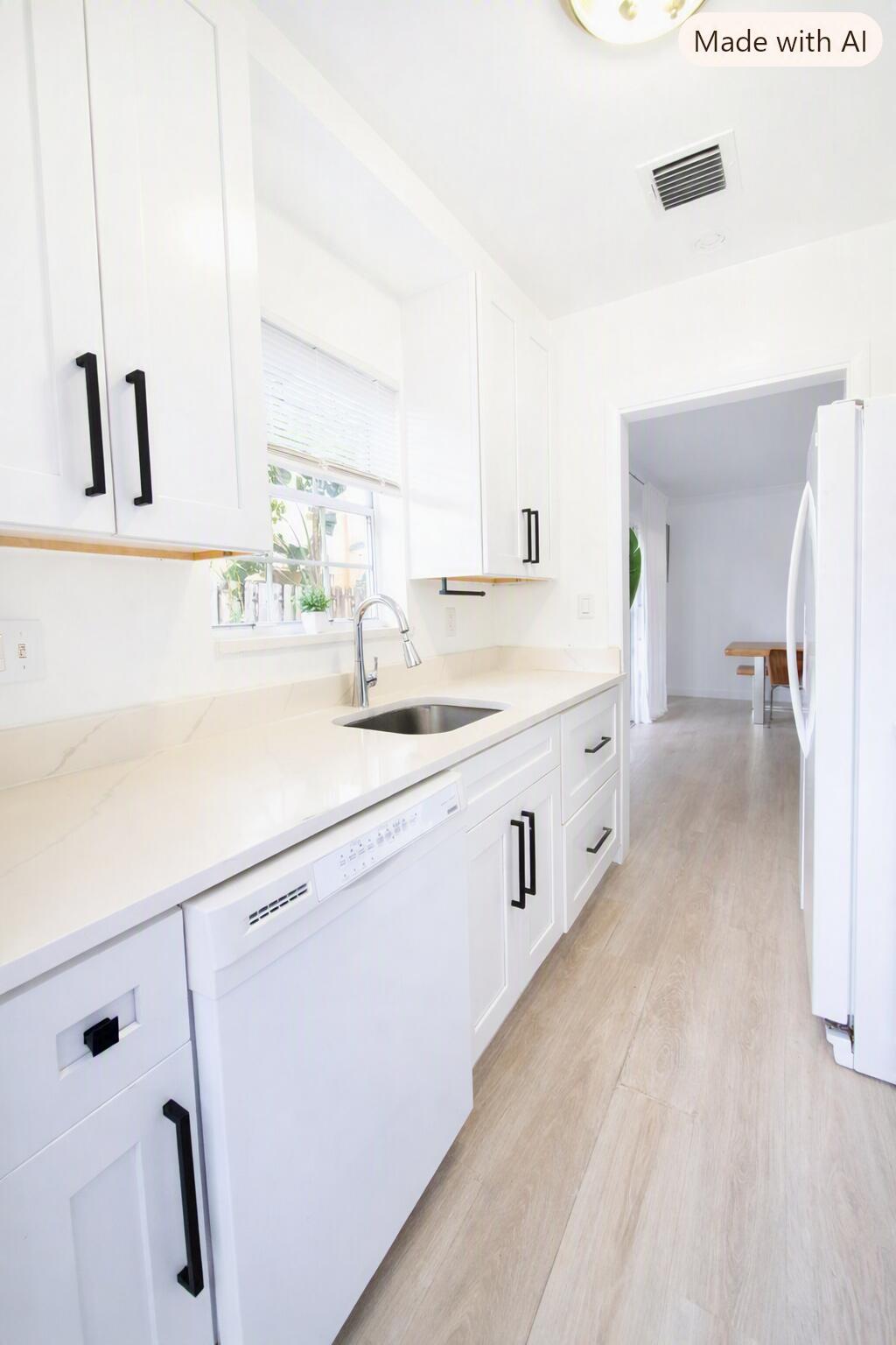 Bright white kitchen with black cabinet pulls, a window over the sink, and light wood flooring.