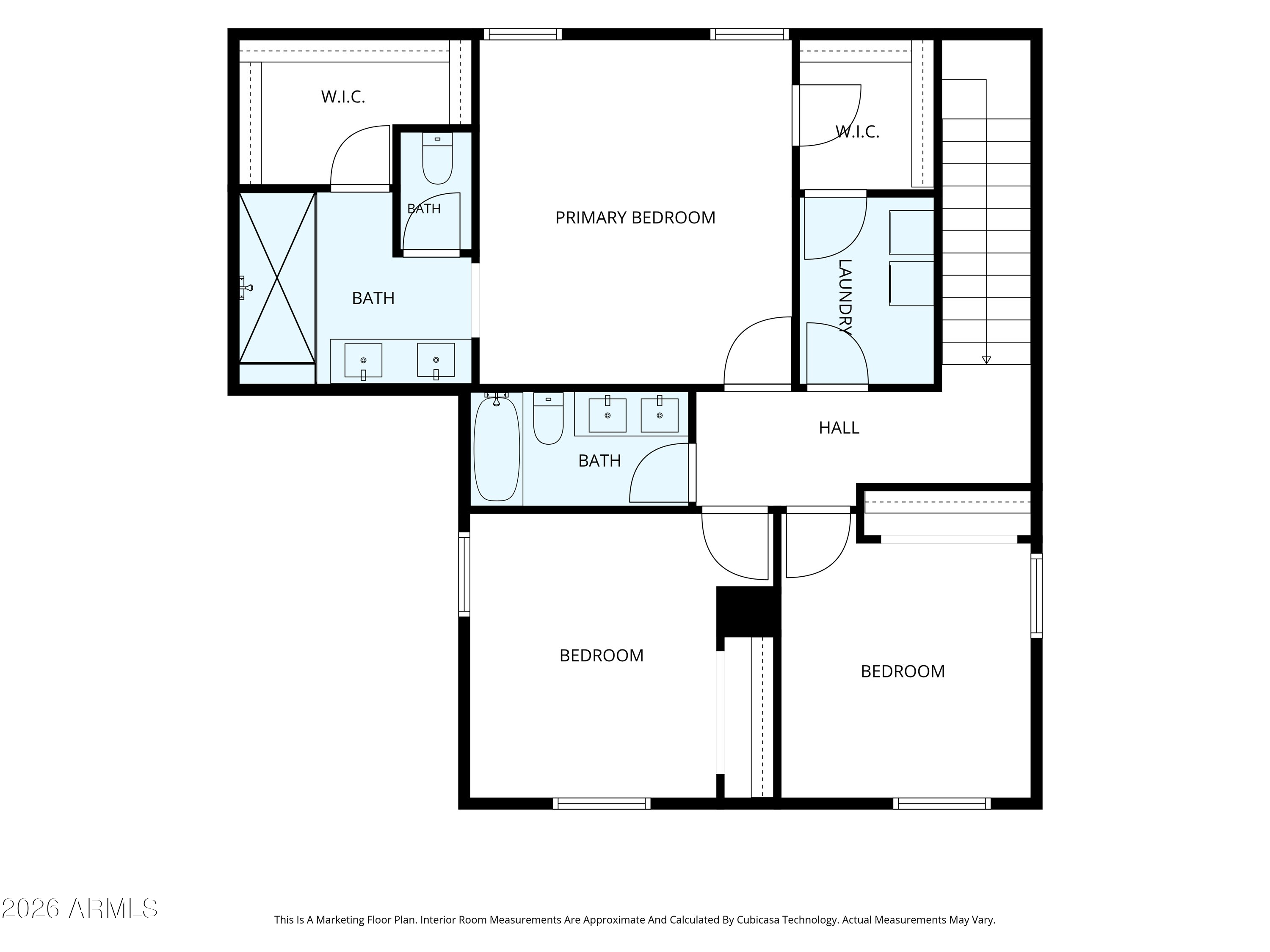 Floor plan showing a primary bedroom, two additional bedrooms, three bathrooms, laundry room, and hall.