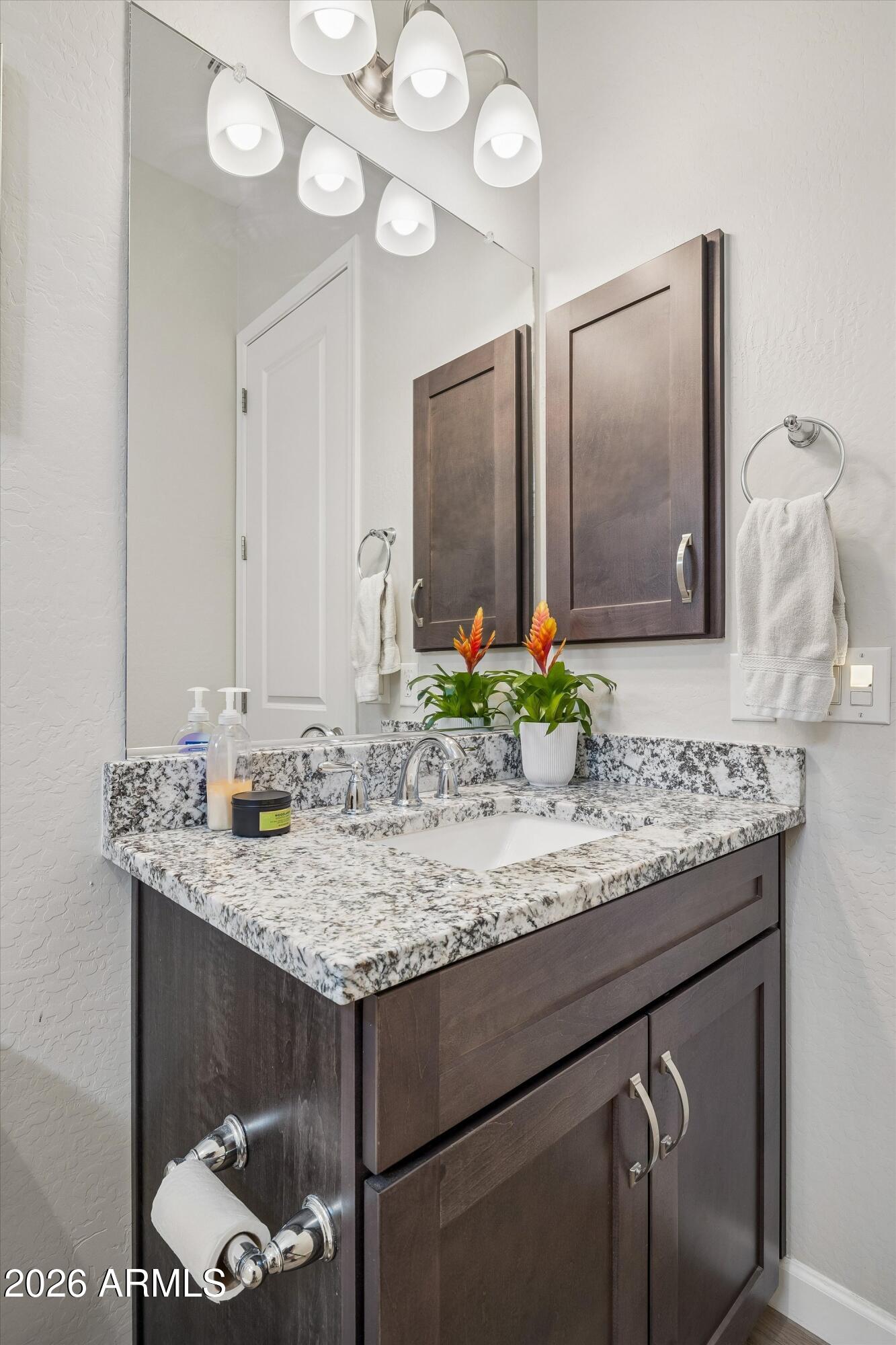 Bathroom vanity with dark wood cabinets, speckled granite countertop, undermount sink, and bright lights.