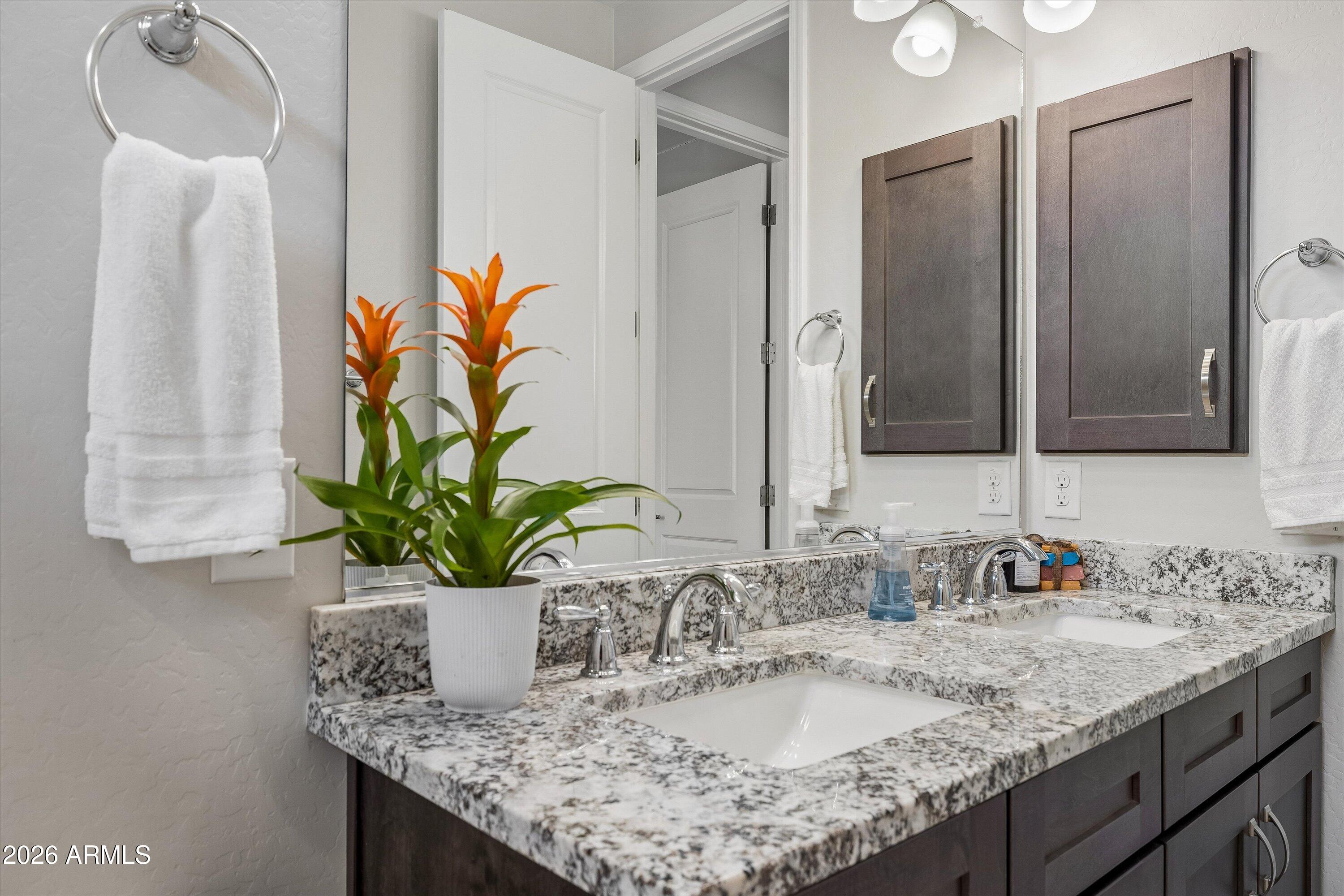 Bathroom double vanity with speckled granite counters, dark cabinets, and an orange-flowered plant.
