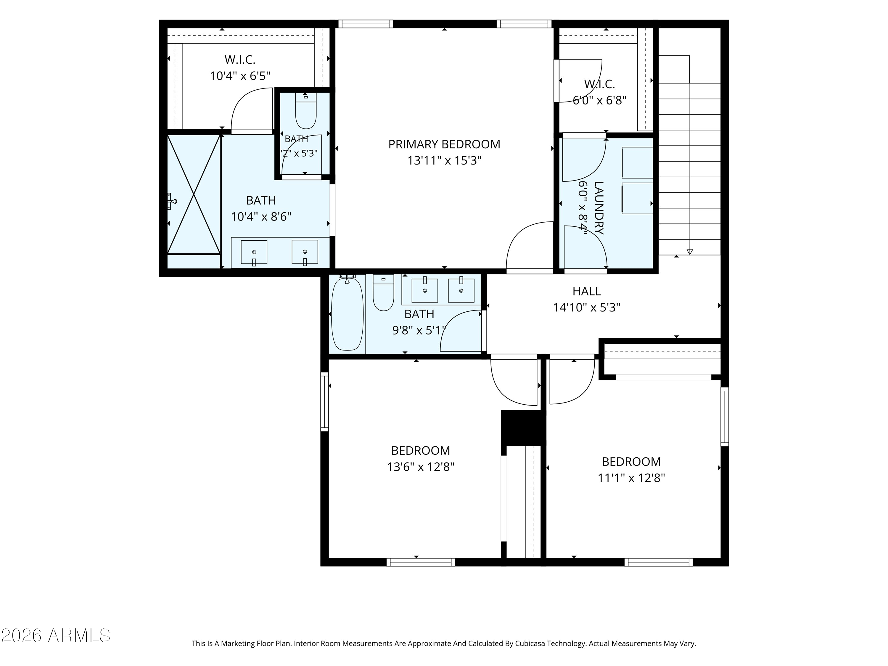 Home floor plan showing a primary bedroom, two additional bedrooms, three bathrooms, and a laundry room.