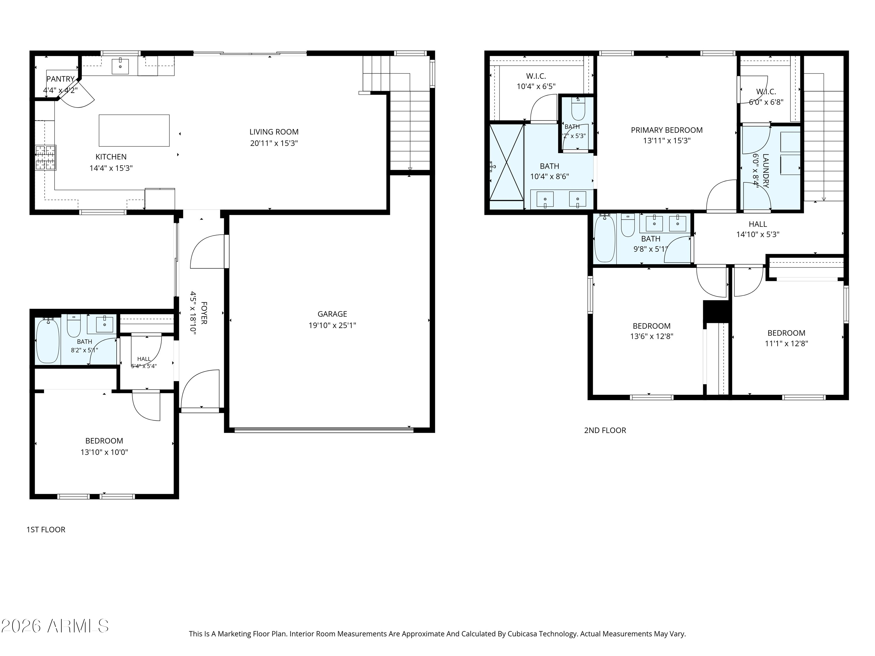 Two-story home floor plan with room labels, measurements, and a garage.