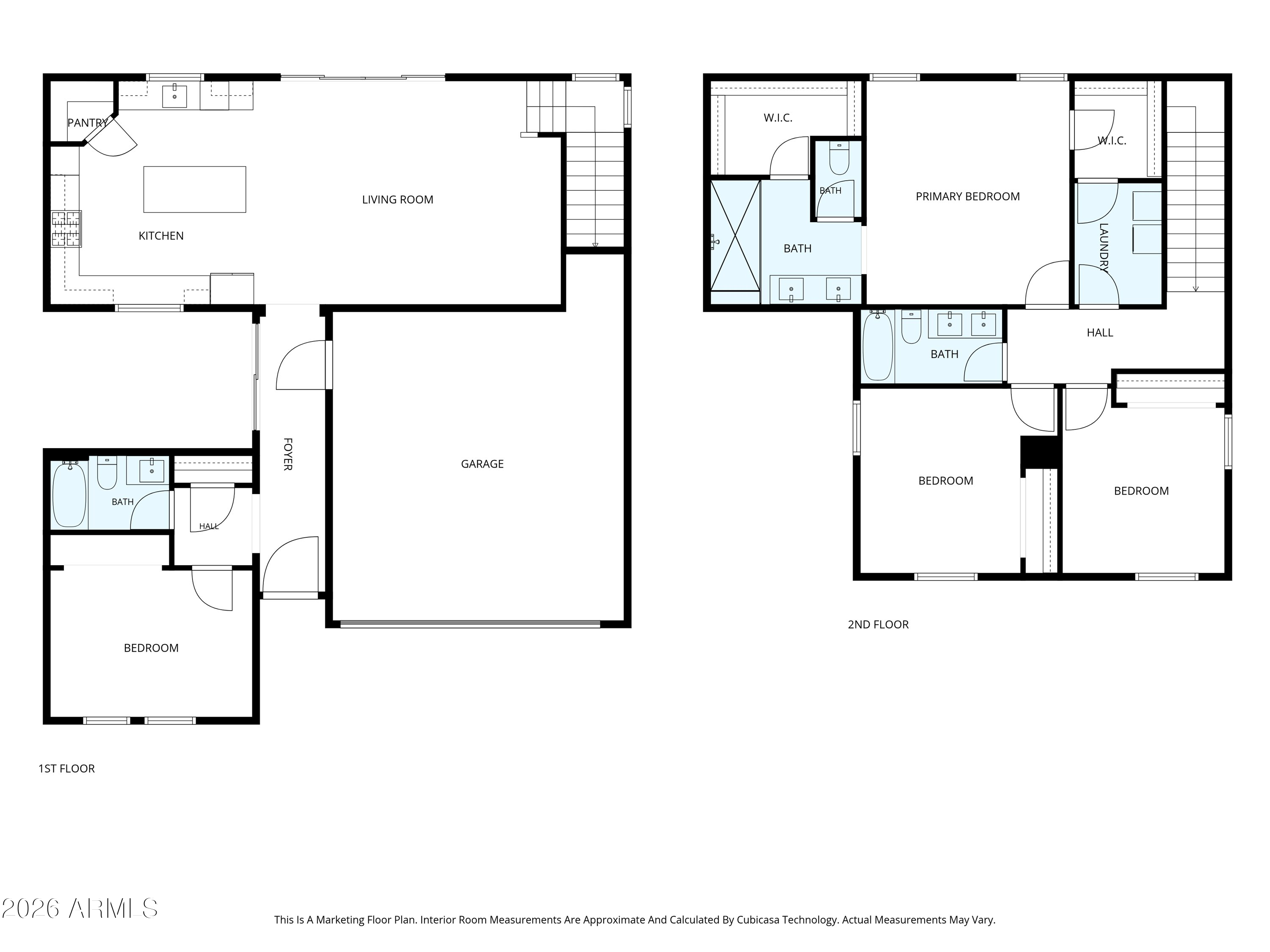 Two-story floor plan with a garage, open kitchen and living room, primary suite, and additional bedrooms.