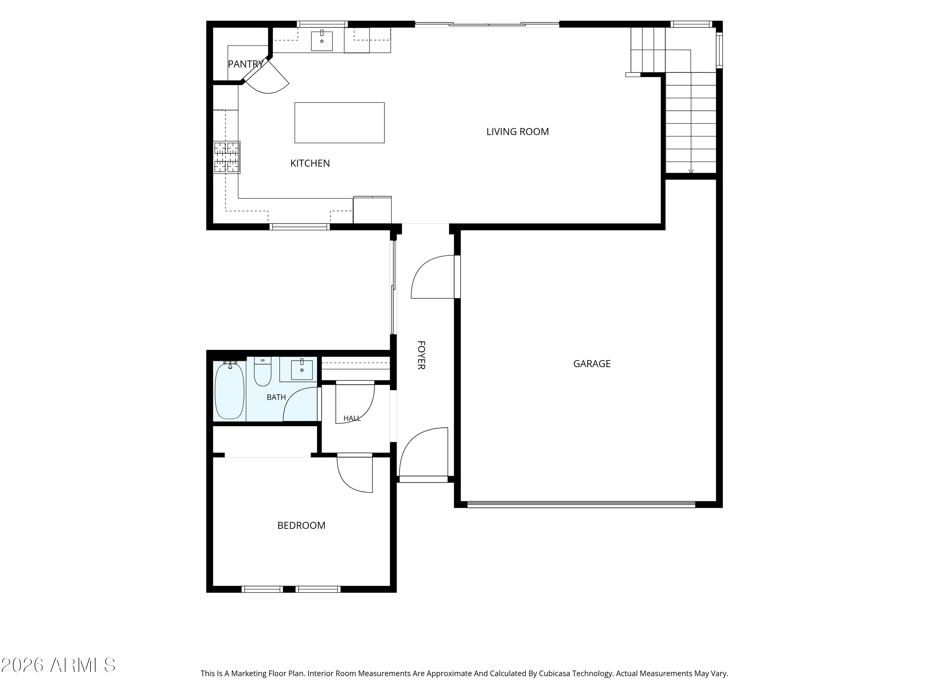 Floor plan showing a kitchen, living room, bedroom, bath, foyer, and attached garage.