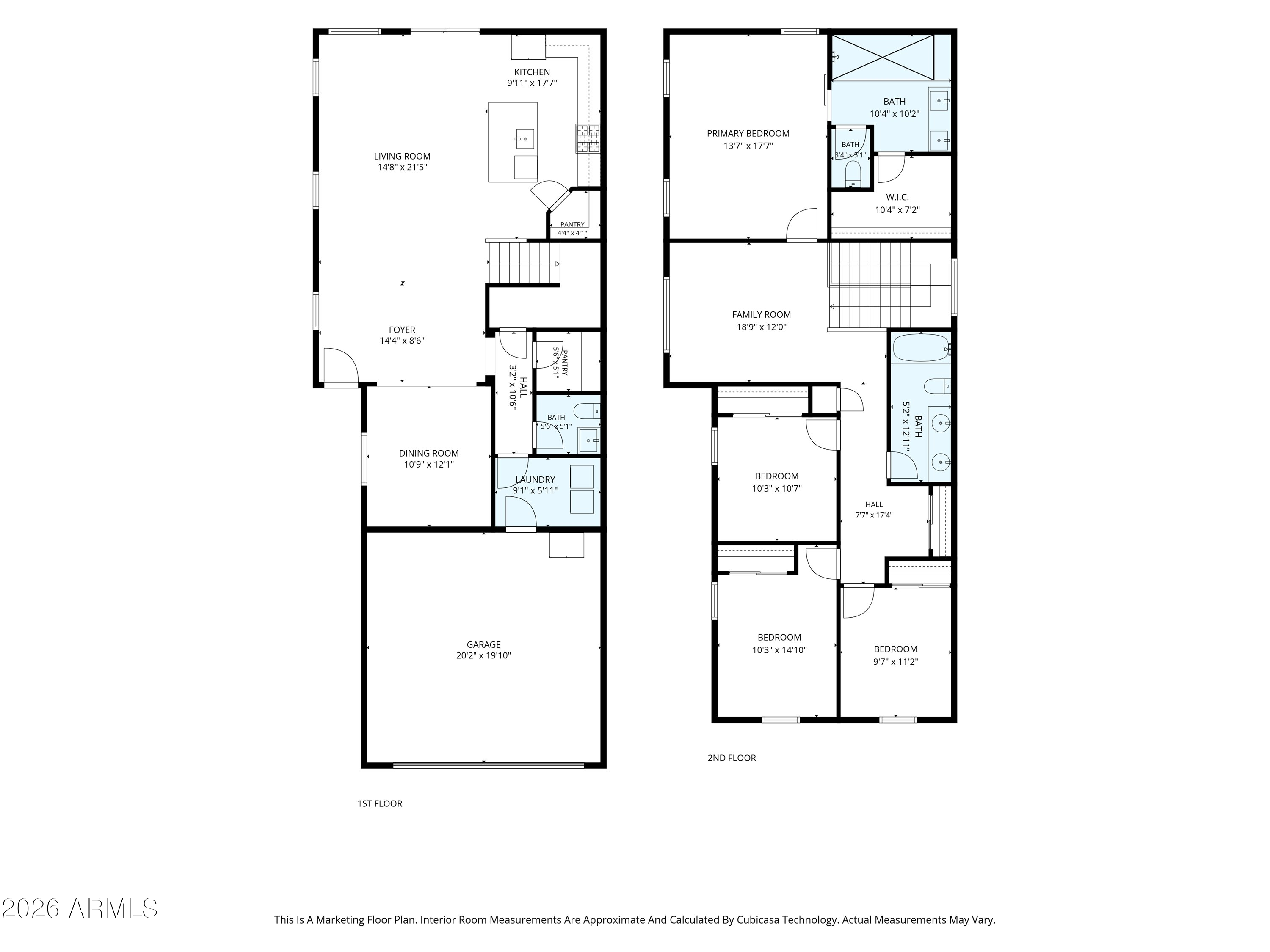 Two-story home floor plan with labeled rooms and approximate dimensions.