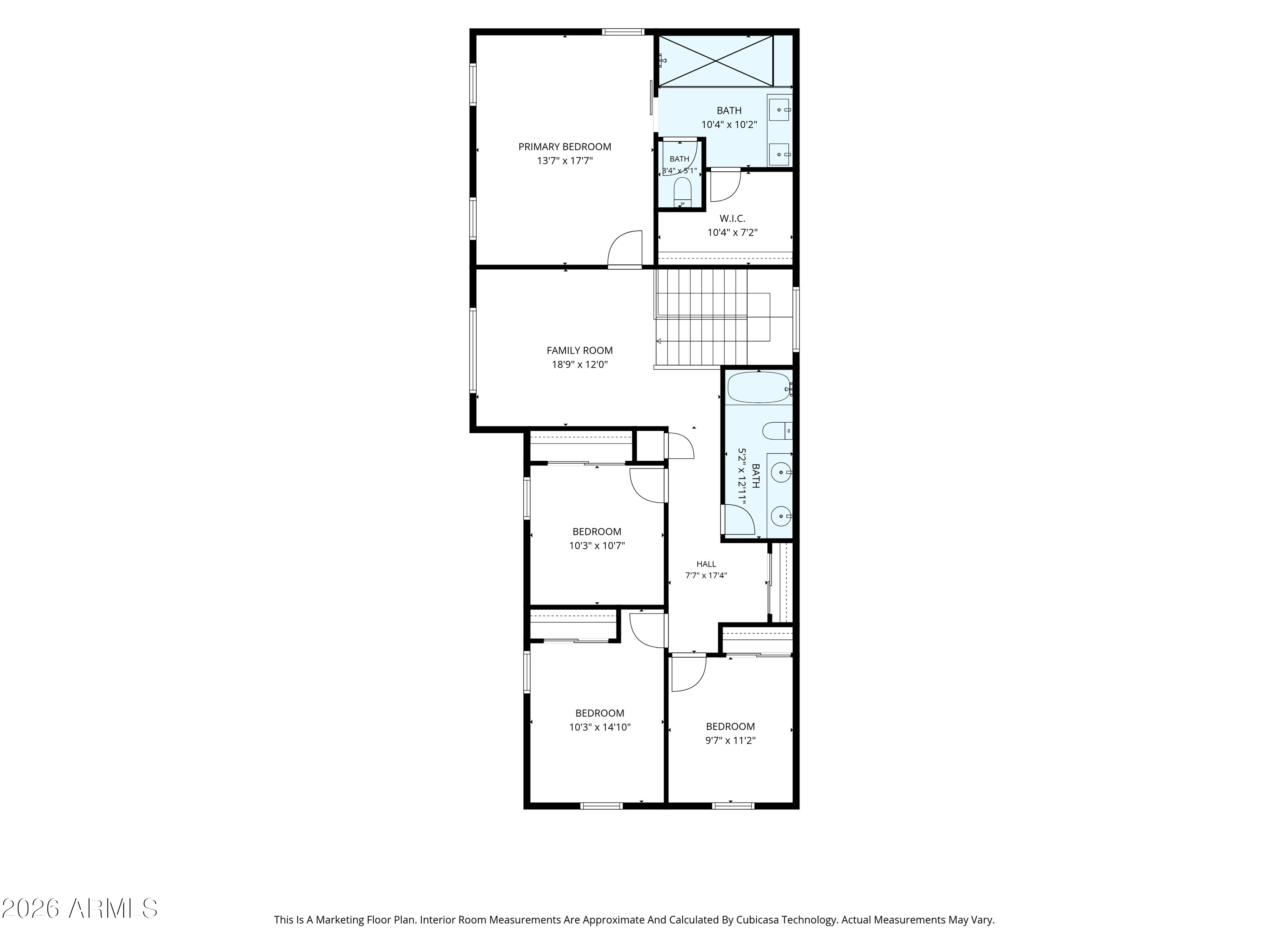 Floor plan with a primary suite, family room, three additional bedrooms, and labeled room dimensions.