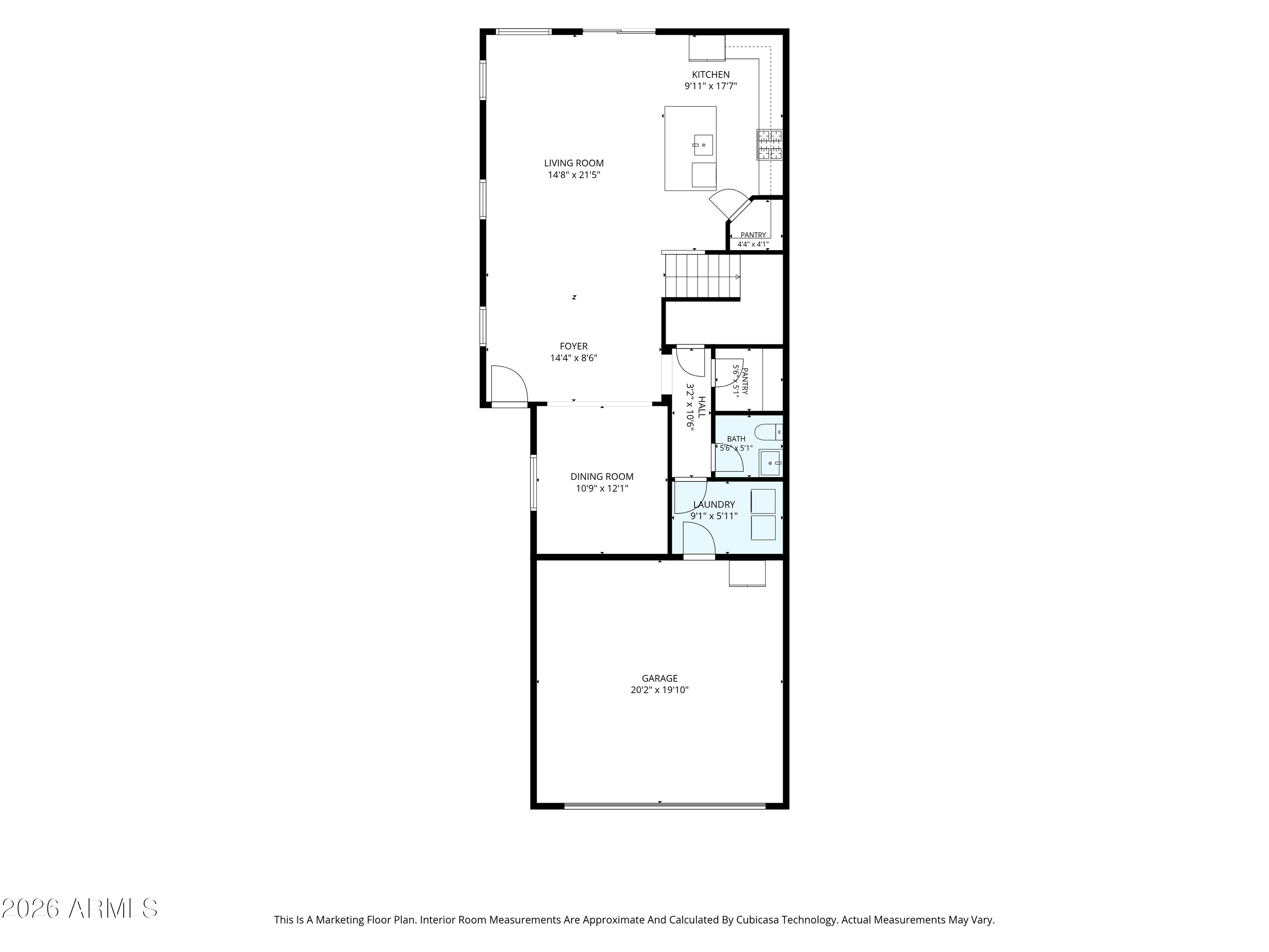 Floor plan with labeled rooms and dimensions, including a large living room and attached garage.