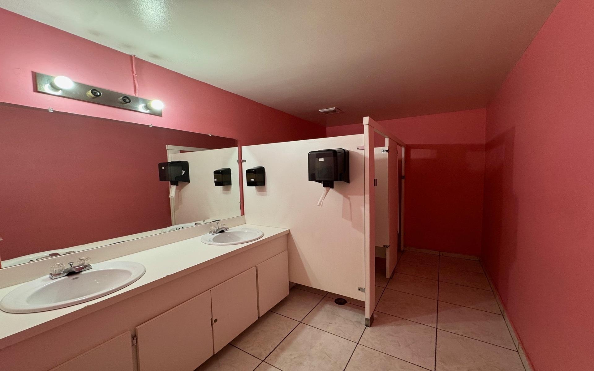Commercial restroom with a long double-sink vanity, white stall partitions, and pink walls.