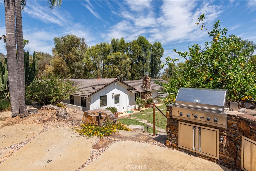 Backyard patio with a built-in grill beside a white single-story home and mature trees.